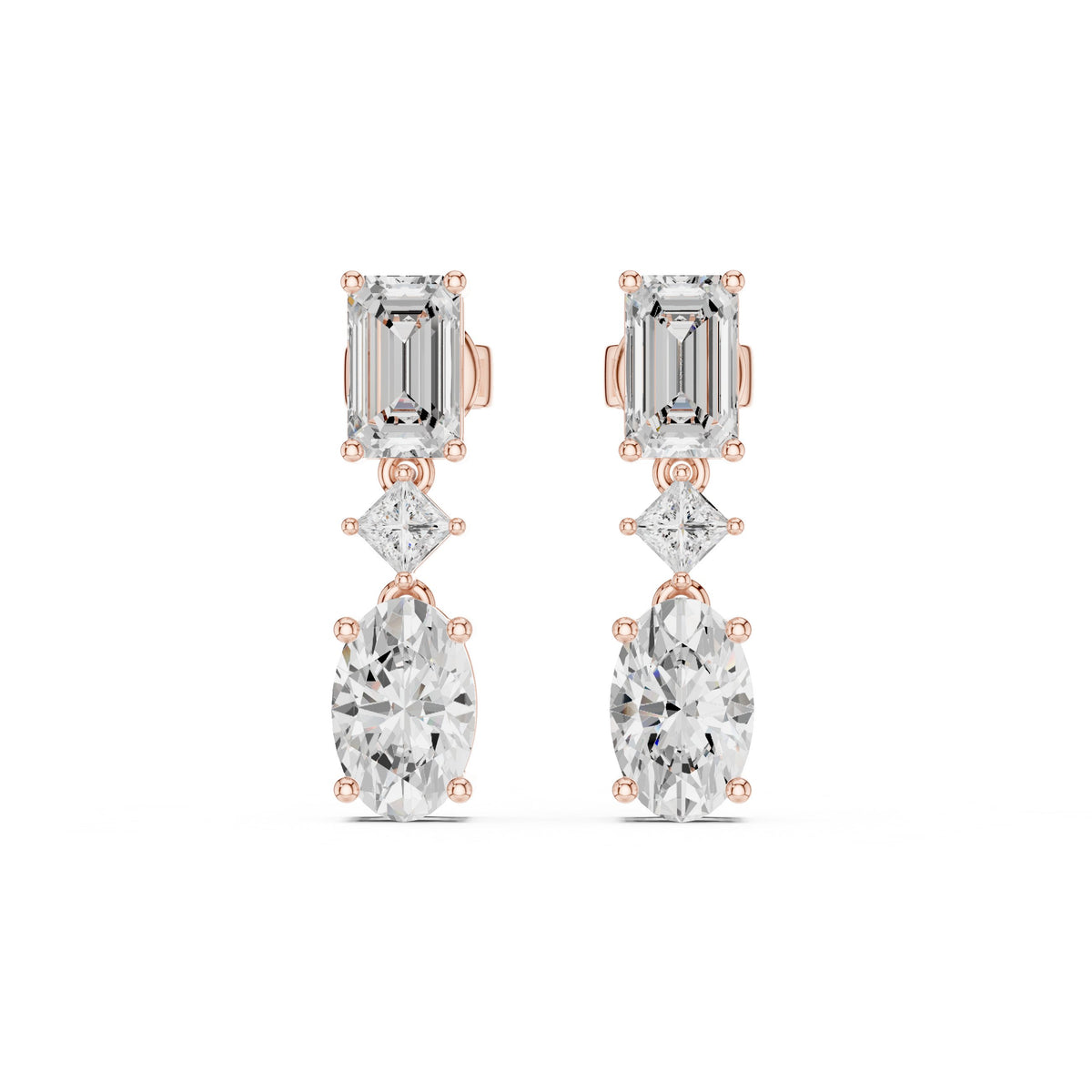 أقراط متدلّية بألماس إمرلد وبرنسيس وبيضاوي in Rose Gold - VYKA Diamonds