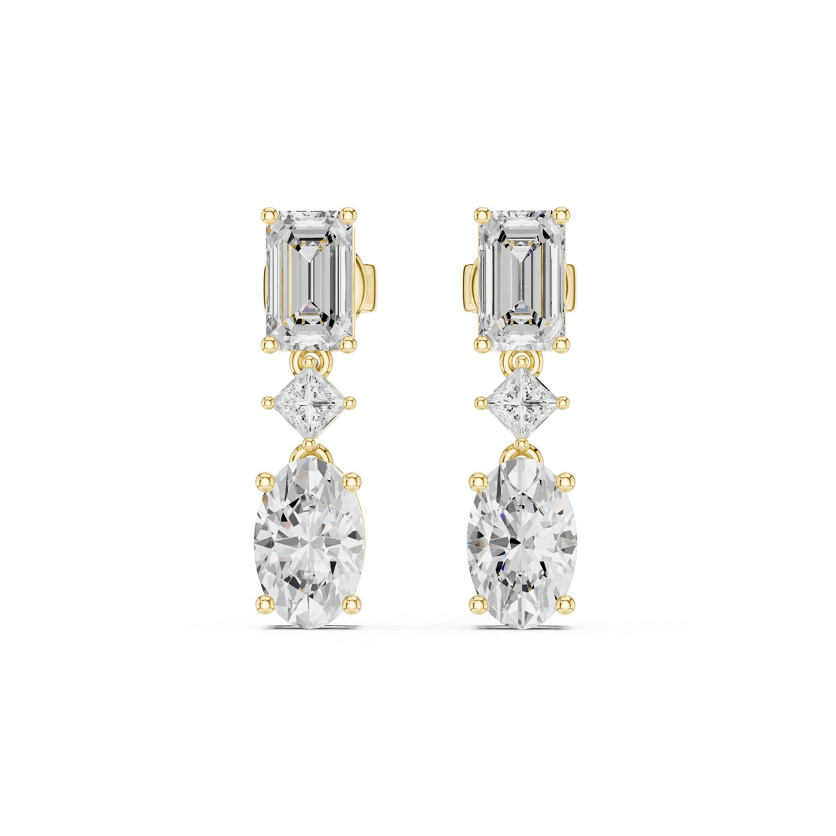 أقراط متدلّية بألماس إمرلد وبرنسيس وبيضاوي in Yellow Gold - VYKA Diamonds