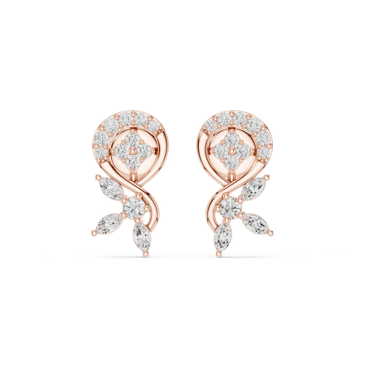 Vine Swirl Marquise Diamond Drop Stud Earrings in Rose Gold - VYKA Diamonds