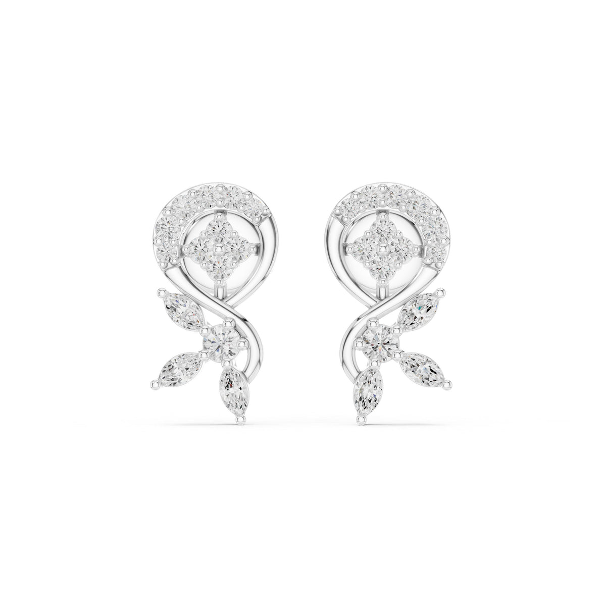 Vine Swirl Marquise Diamond Drop Stud Earrings in White Gold - VYKA Diamonds