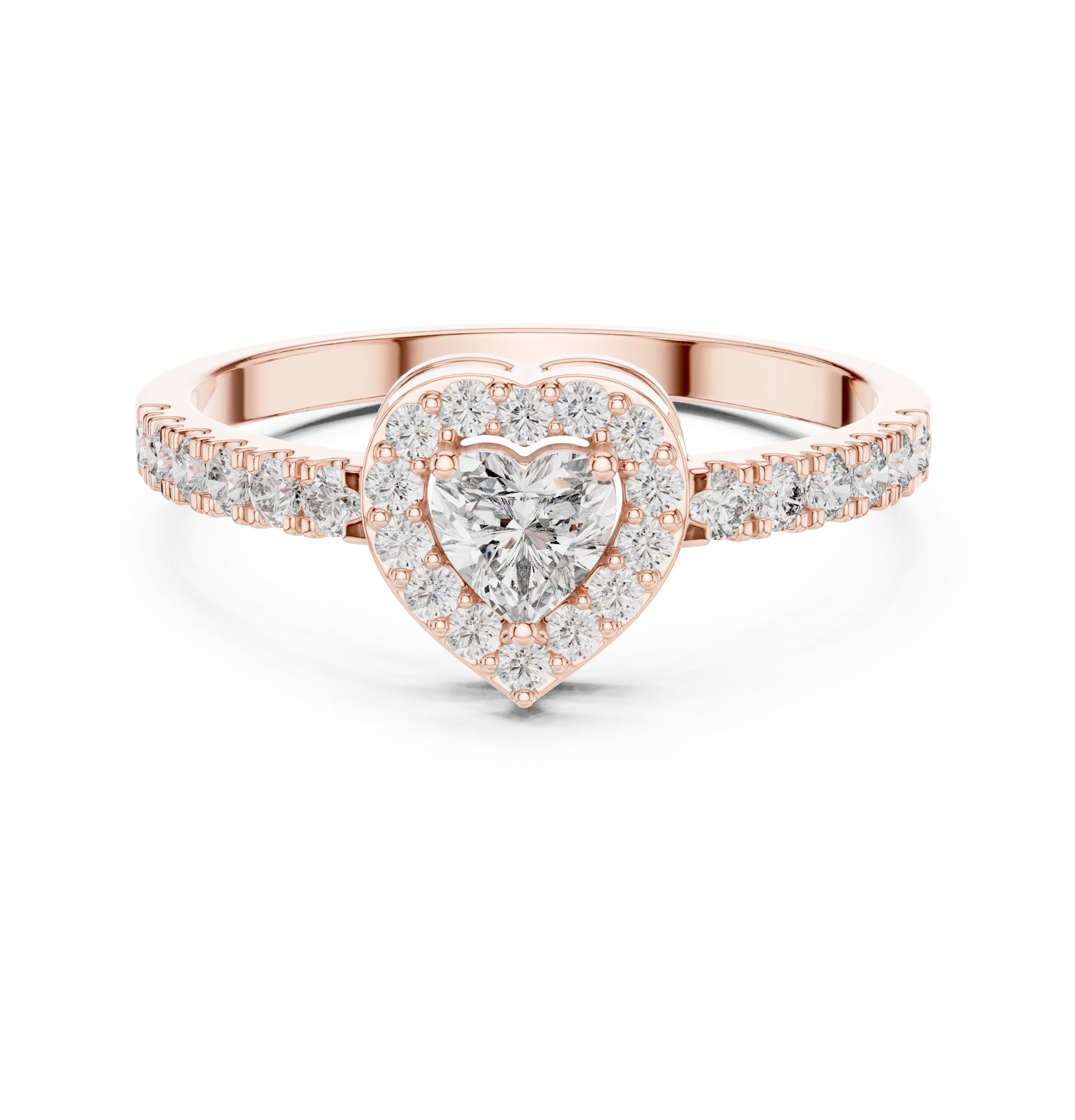 Heart Halo Diamond Engagement Ring with Pavé Band in Rose Gold - VYKA Diamonds