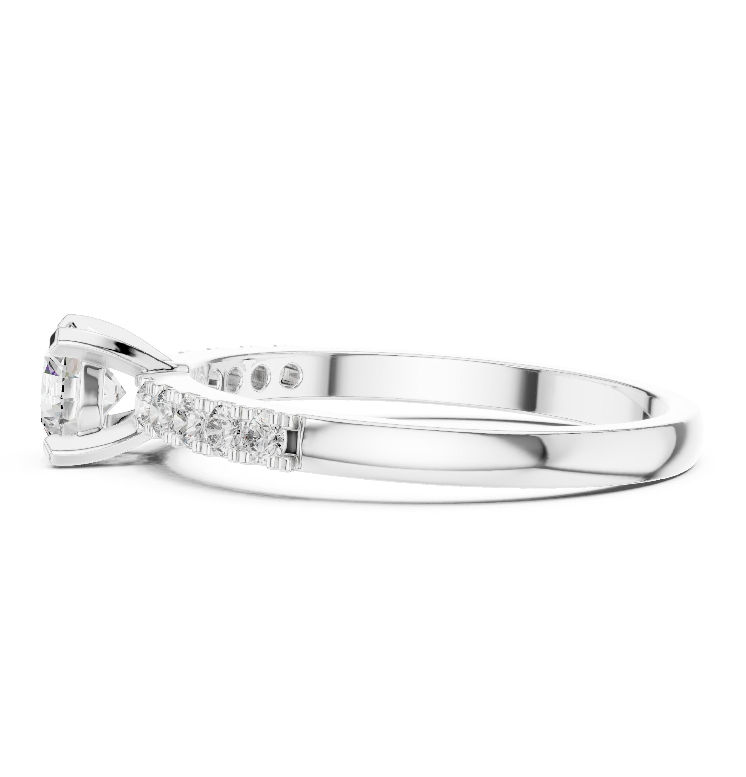 Round Diamond Cathedral Engagement Ring with Pavé Shoulders in White Gold - VYKA Diamonds