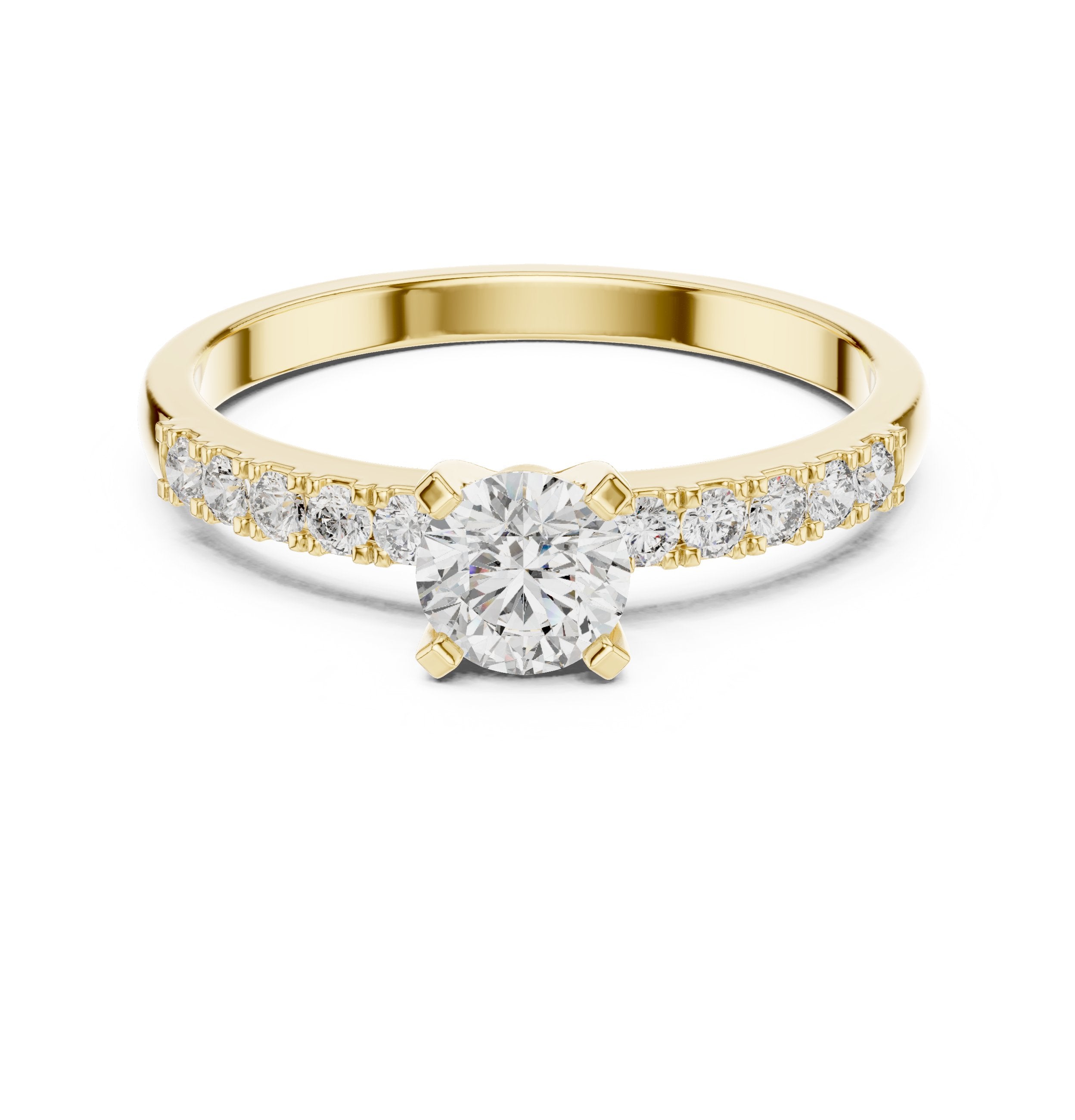 Round Diamond Cathedral Engagement Ring with Pavé Shoulders in Yellow Gold - VYKA Diamonds