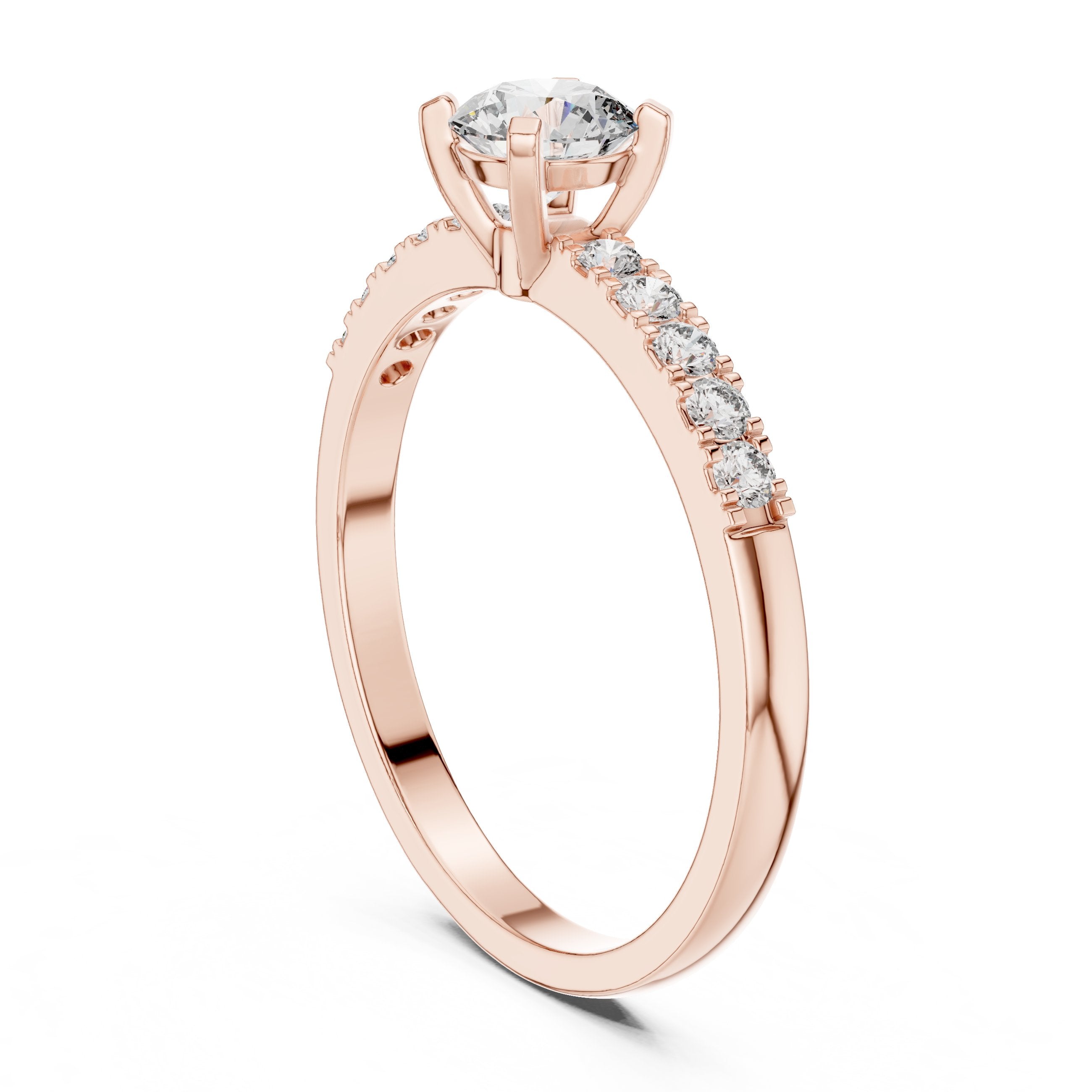Round Diamond Cathedral Engagement Ring with Pavé Shoulders in Rose Gold - VYKA Diamonds