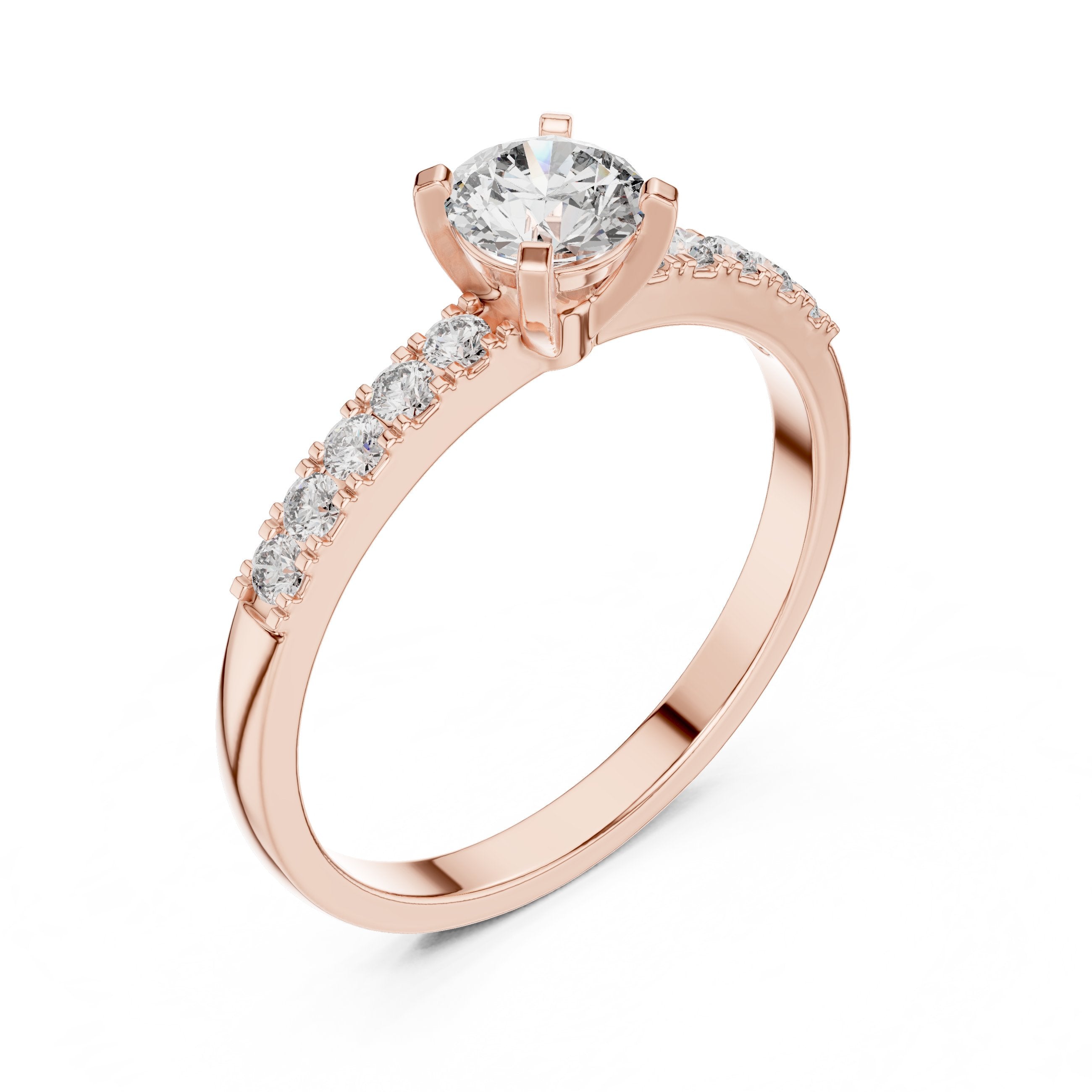 Round Diamond Cathedral Engagement Ring with Pavé Shoulders in Rose Gold - VYKA Diamonds