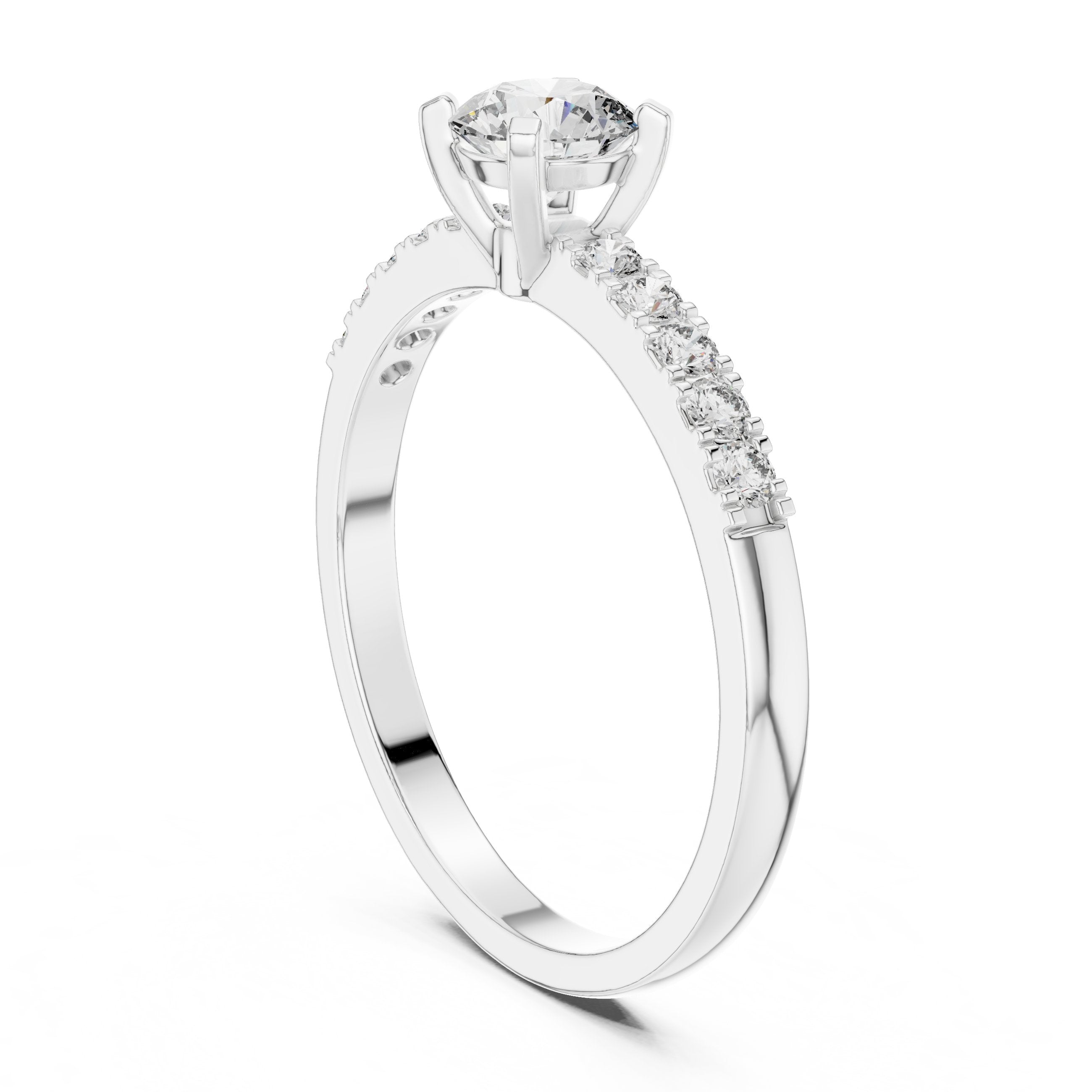 Round Diamond Cathedral Engagement Ring with Pavé Shoulders in White Gold - VYKA Diamonds