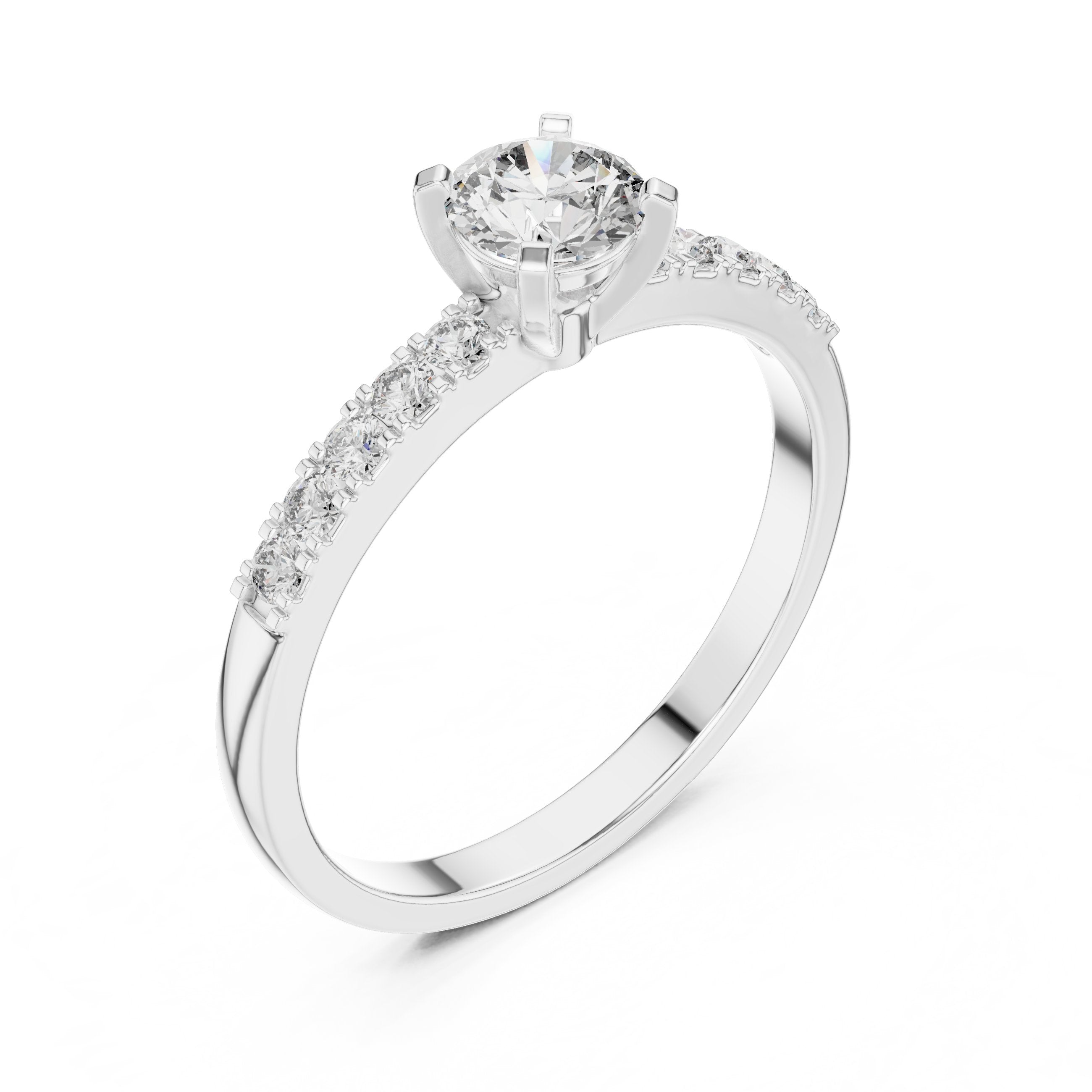 Round Diamond Cathedral Engagement Ring with Pavé Shoulders in White Gold - VYKA Diamonds