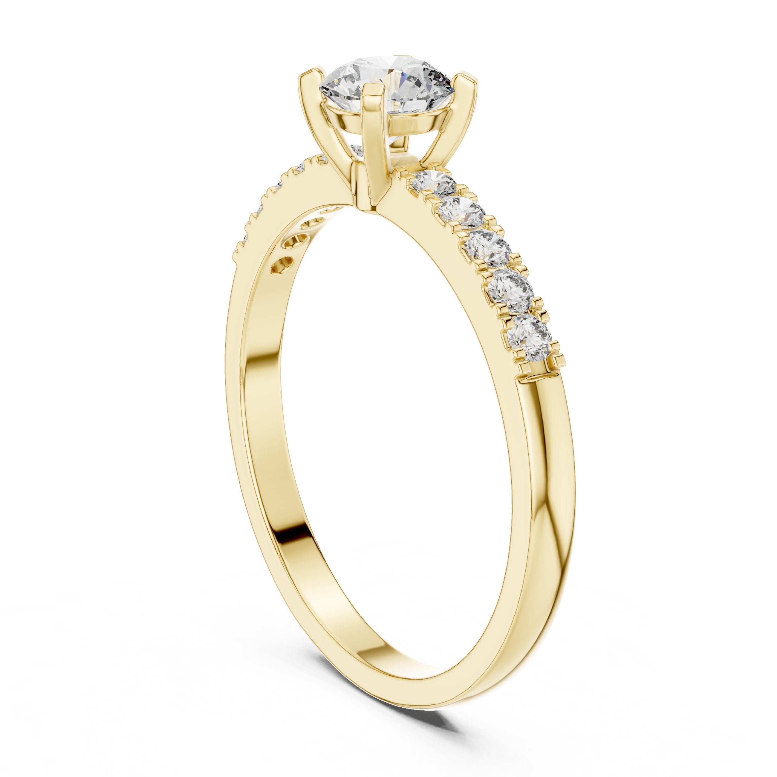 Round Diamond Cathedral Engagement Ring with Pavé Shoulders in Yellow Gold - VYKA Diamonds