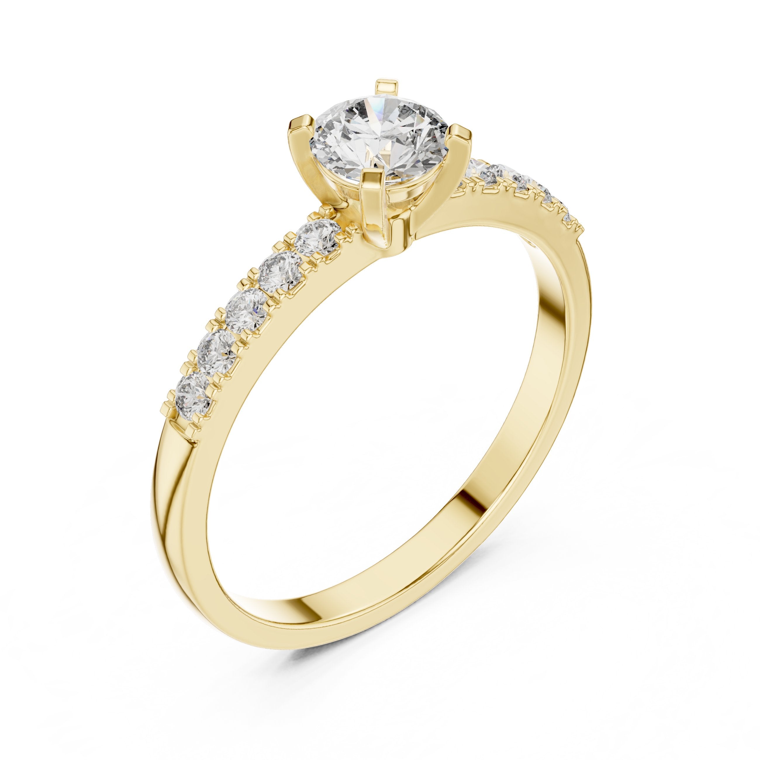 Round Diamond Cathedral Engagement Ring with Pavé Shoulders in Yellow Gold - VYKA Diamonds