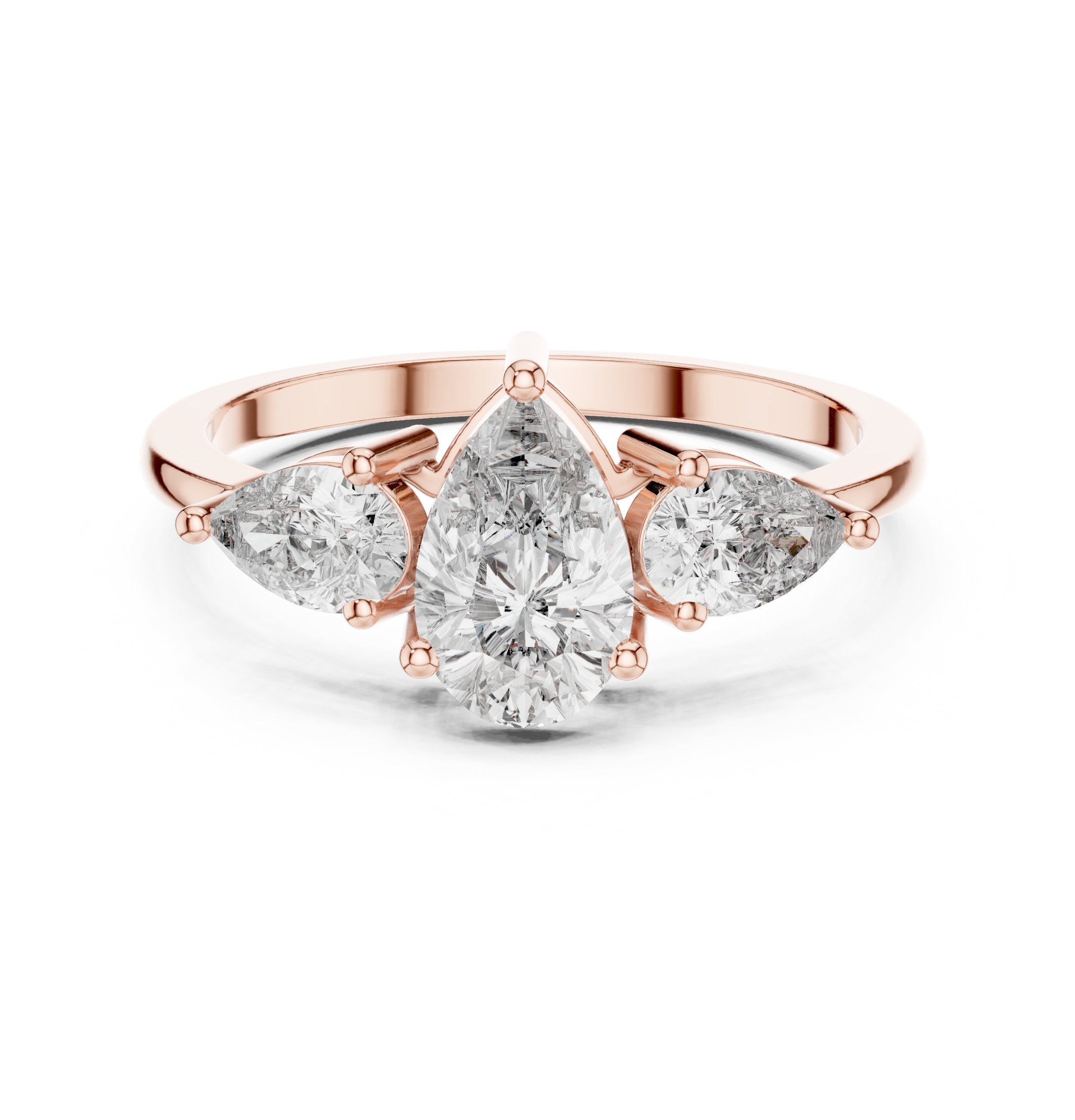 Pear Diamond Three Stone Engagement Ring with Pear Sides in Rose Gold - VYKA Diamonds
