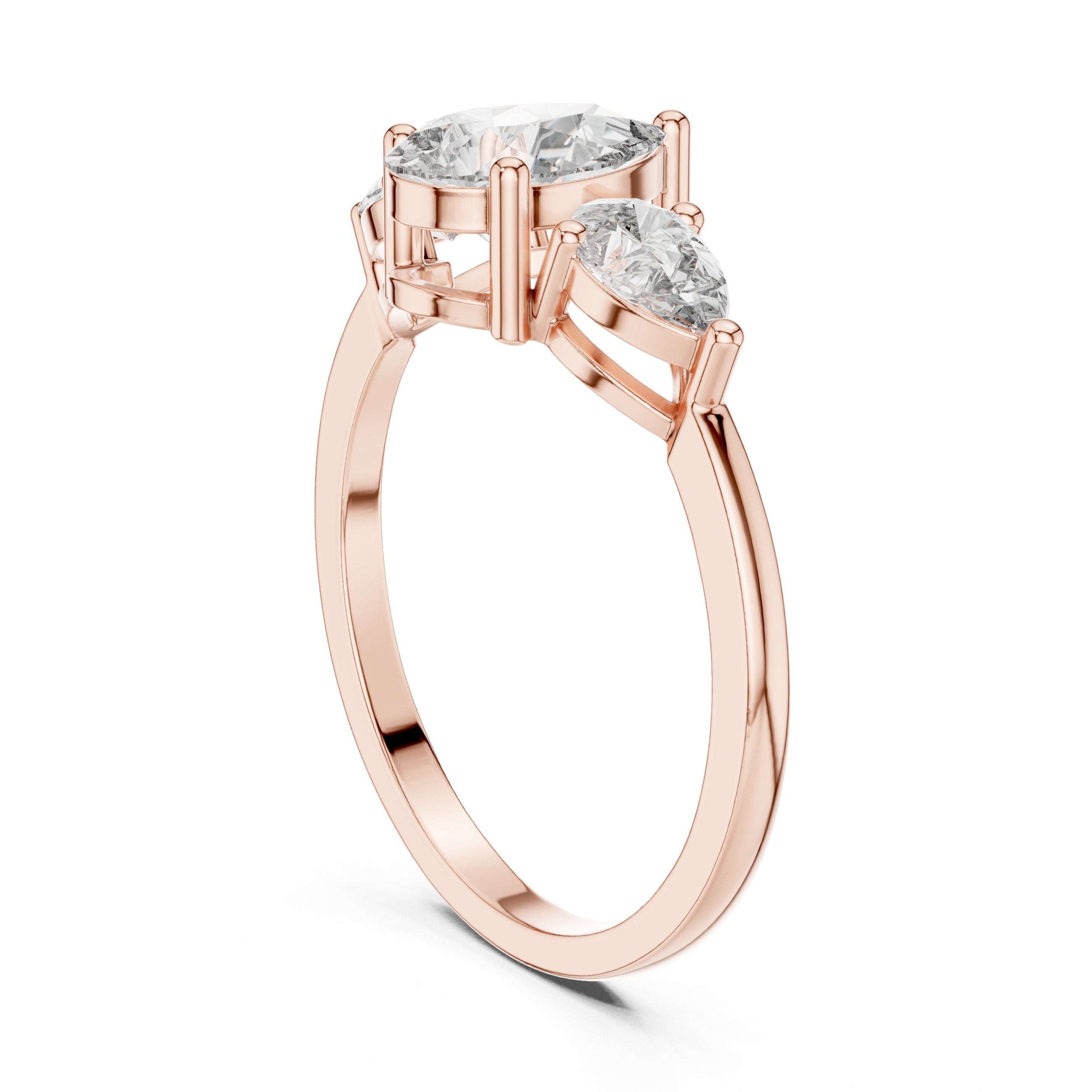 Pear Diamond Three Stone Engagement Ring with Pear Sides in Rose Gold - VYKA Diamonds