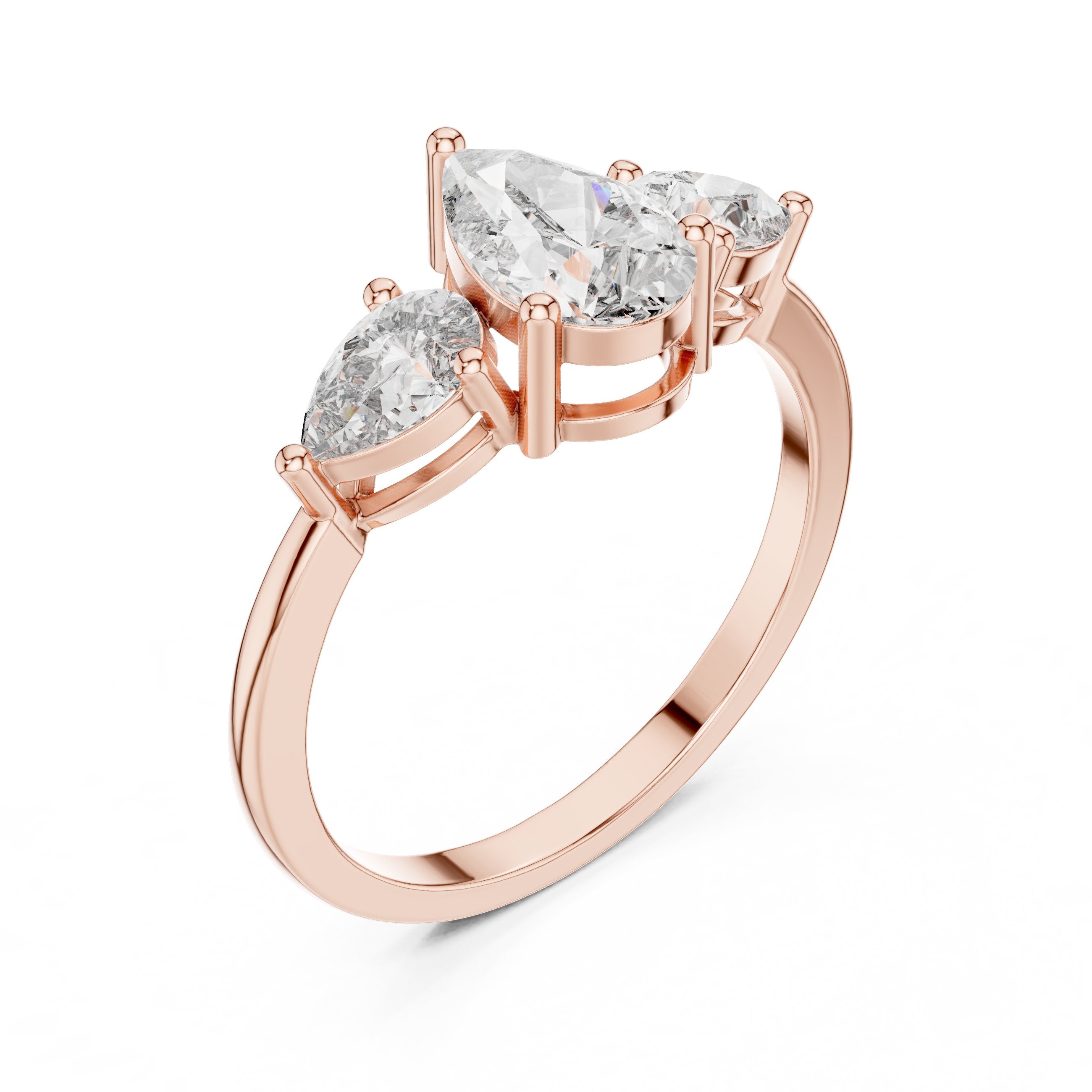 Pear Diamond Three Stone Engagement Ring with Pear Sides in Rose Gold - VYKA Diamonds