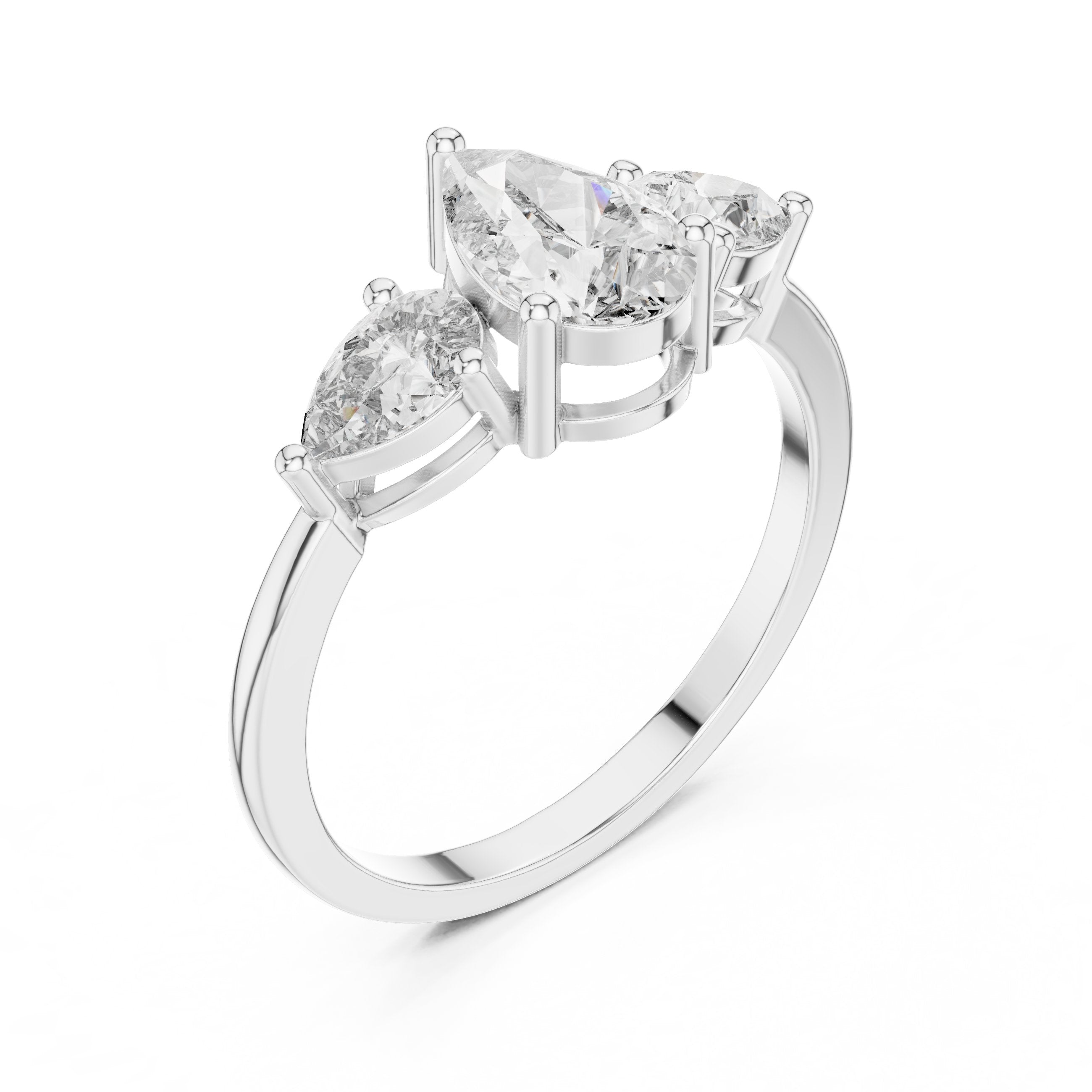 Pear Diamond Three Stone Engagement Ring with Pear Sides in White Gold - VYKA Diamonds