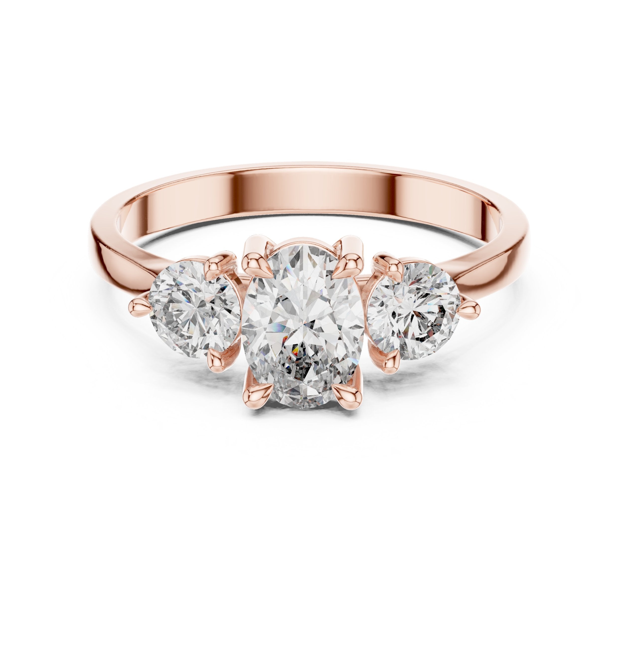 Oval Diamond Three Stone Engagement Ring with Round Sides in Rose Gold - VYKA Diamonds