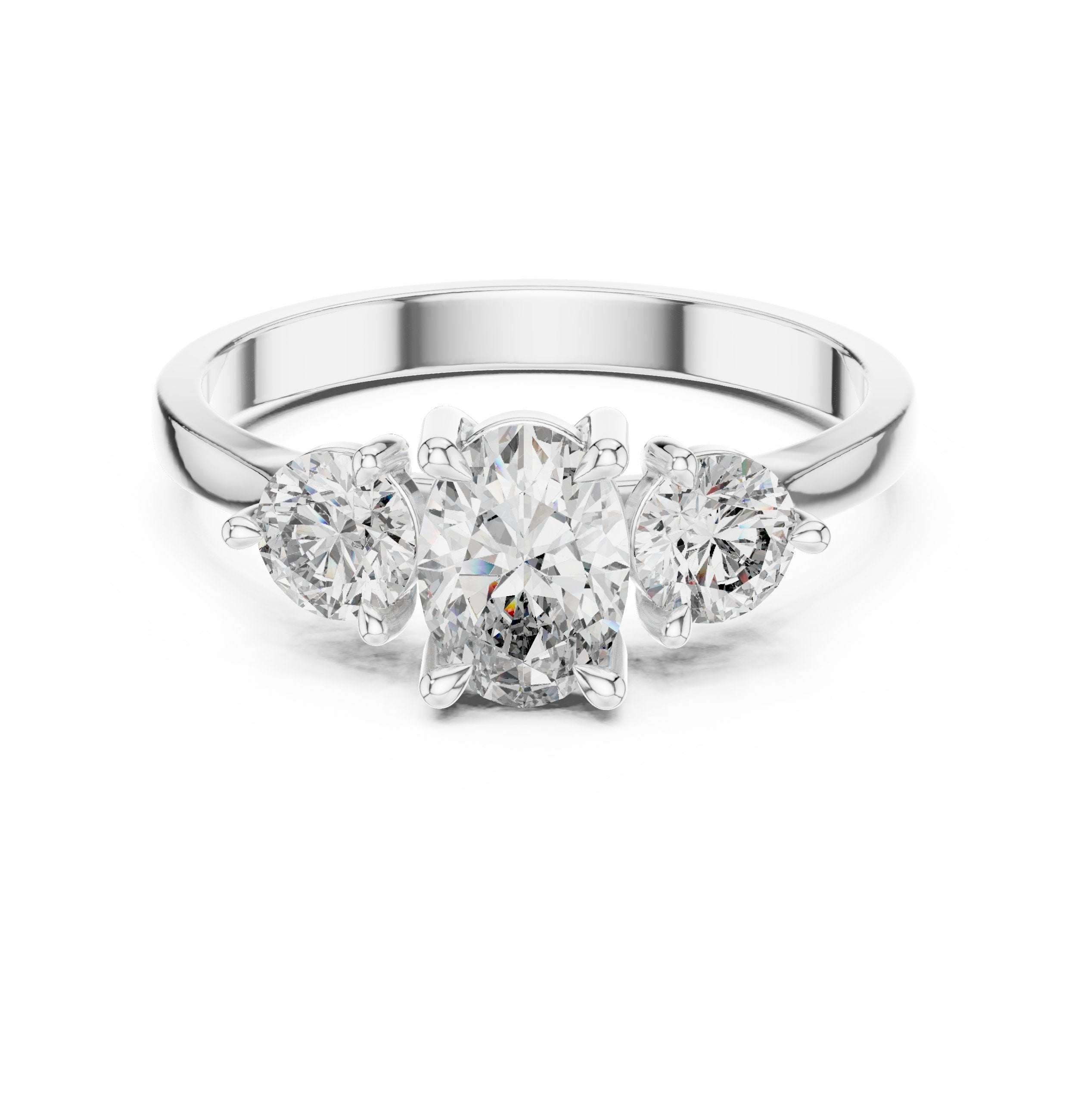 Oval Diamond Three Stone Engagement Ring with Round Sides in White Gold - VYKA Diamonds