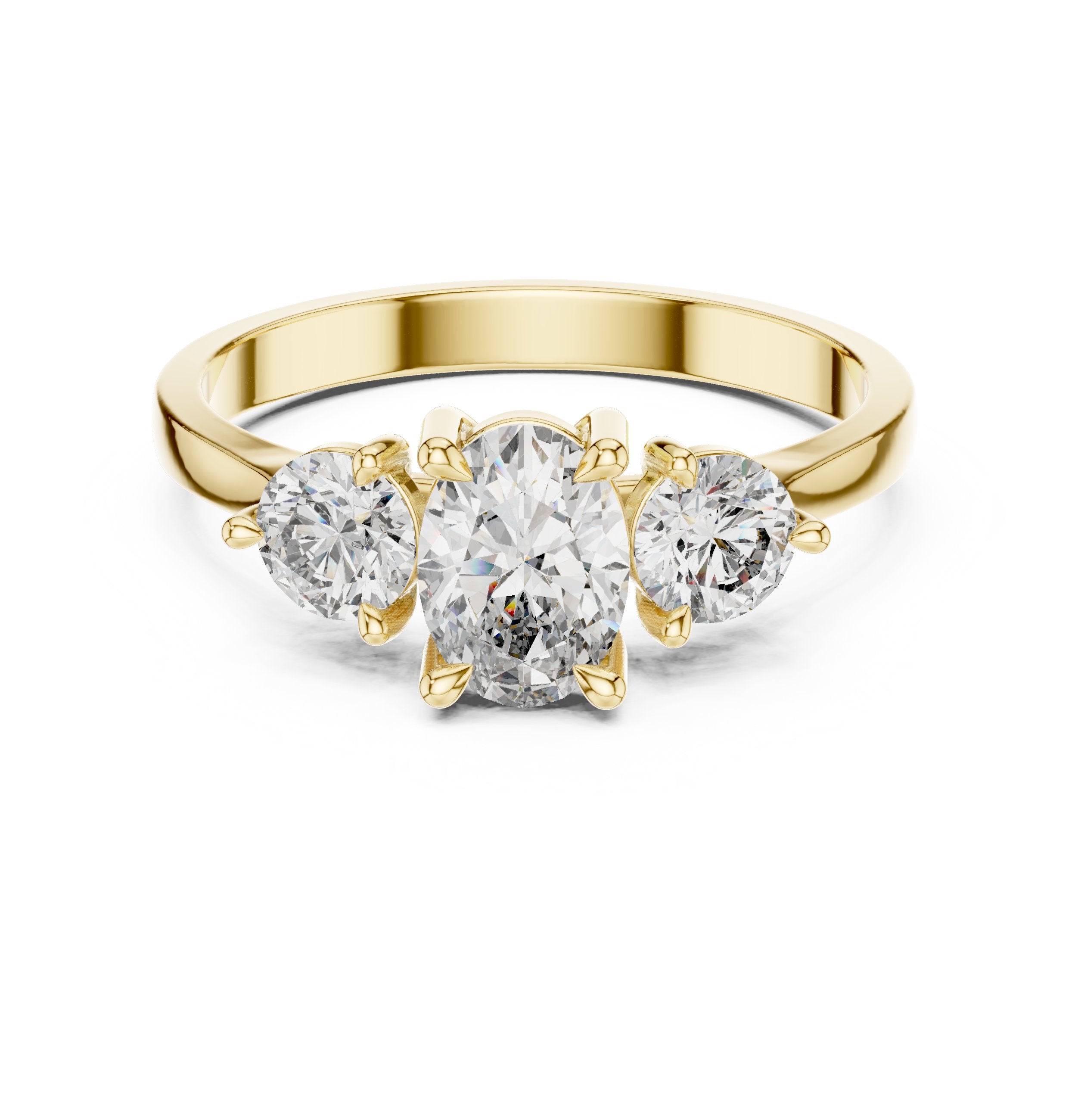 Oval Diamond Three Stone Engagement Ring with Round Sides in Yellow Gold - VYKA Diamonds