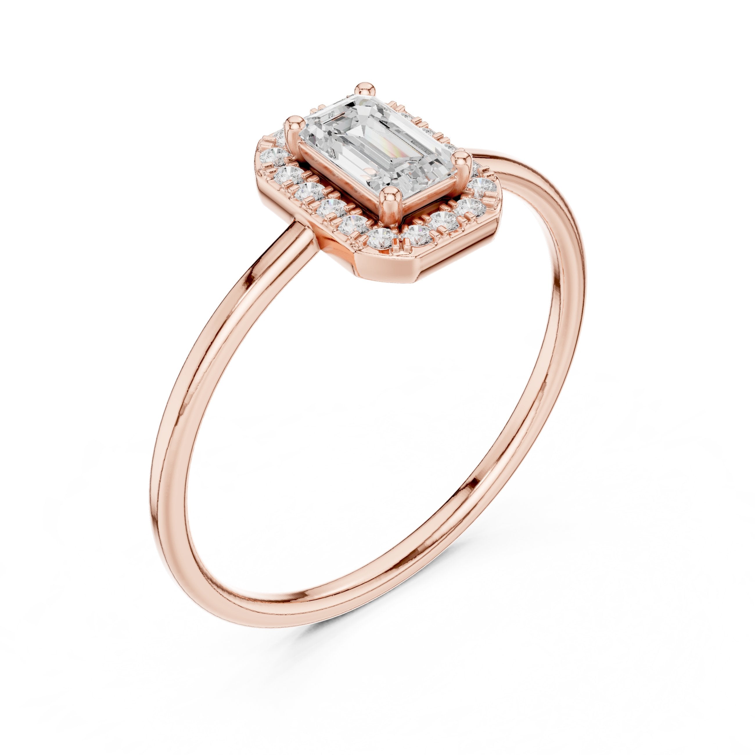 Emerald Cut Diamond Halo Ring in Rose Gold - VYKA Diamonds