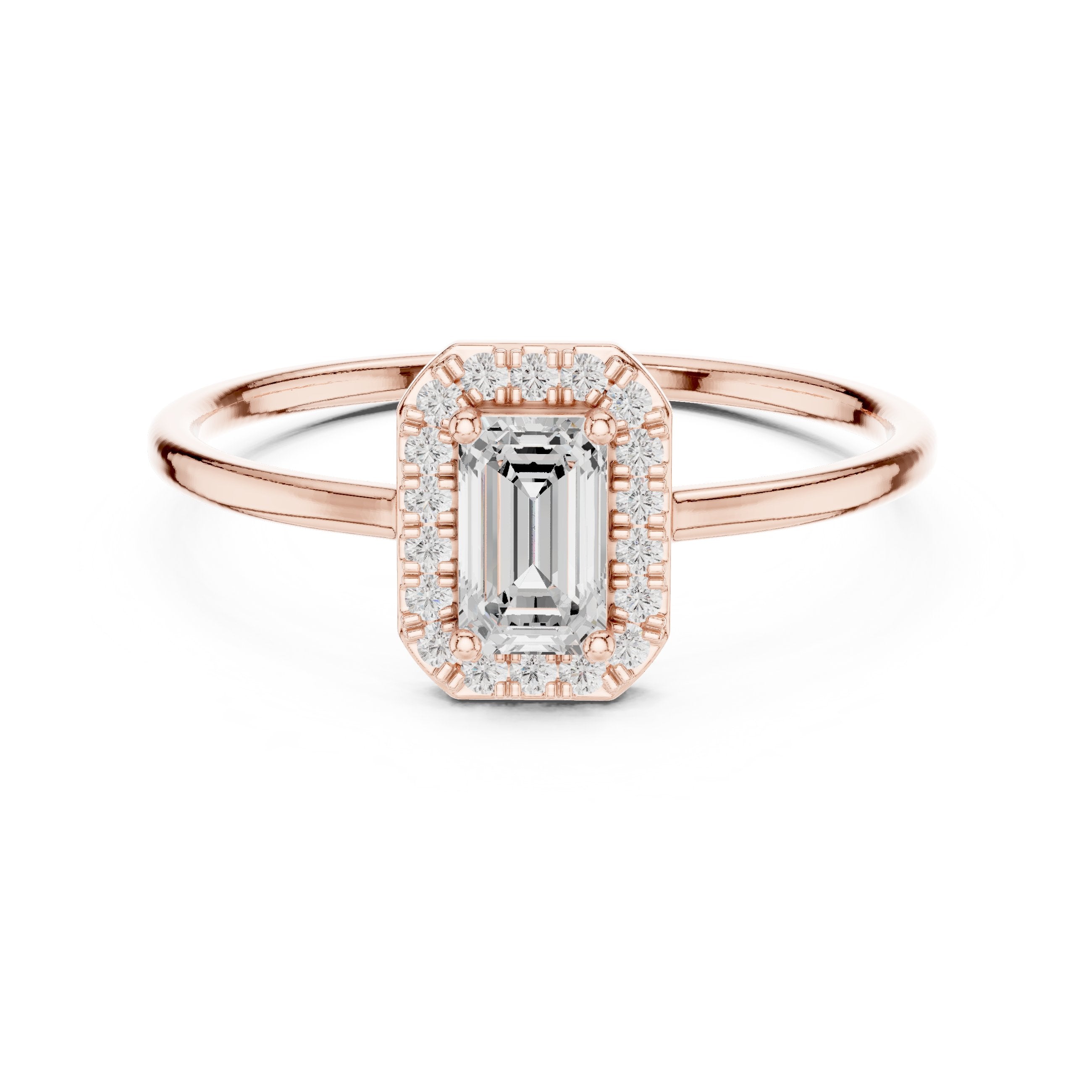 Emerald Cut Diamond Halo Ring in Rose Gold - VYKA Diamonds