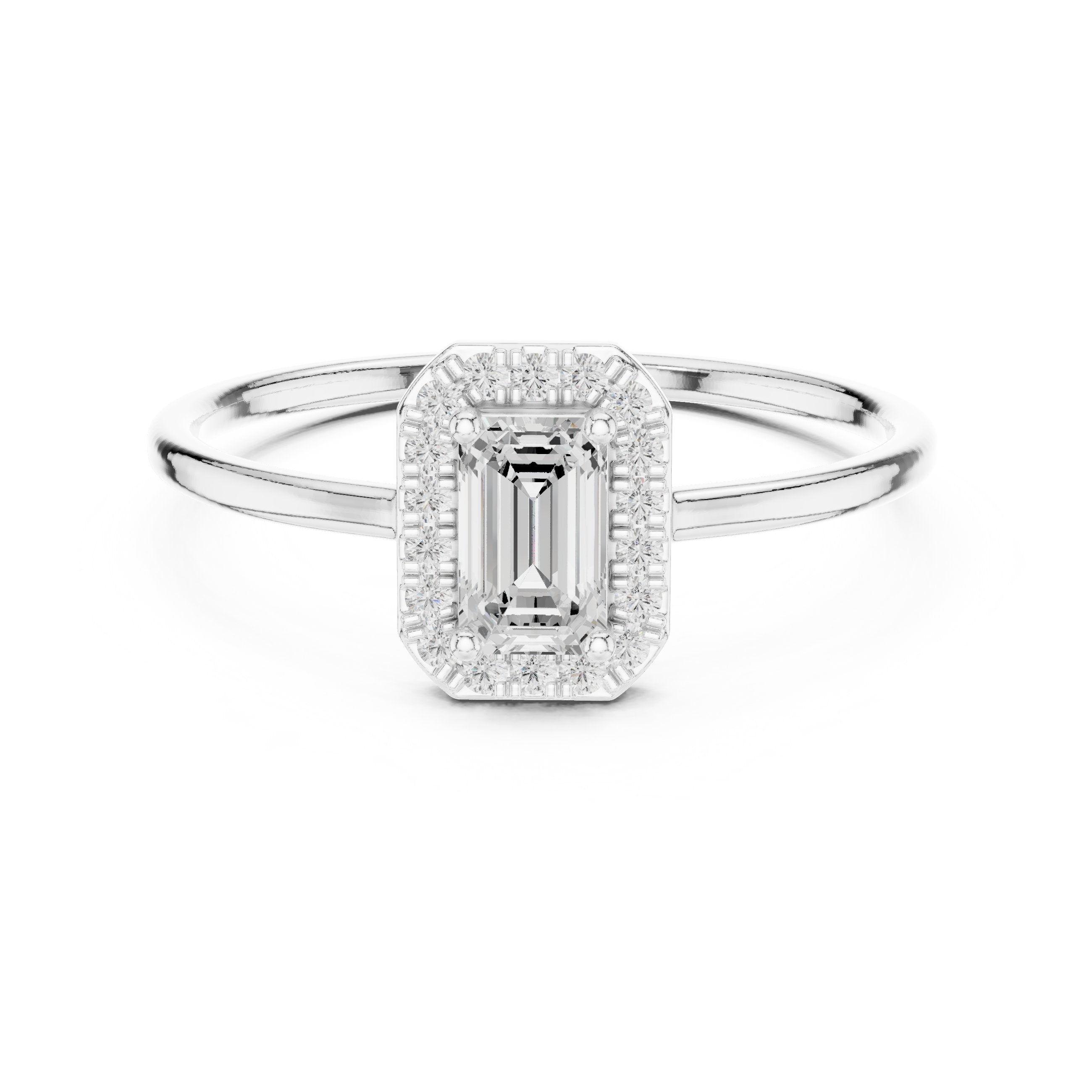Emerald Cut Diamond Halo Ring in White Gold - VYKA Diamonds