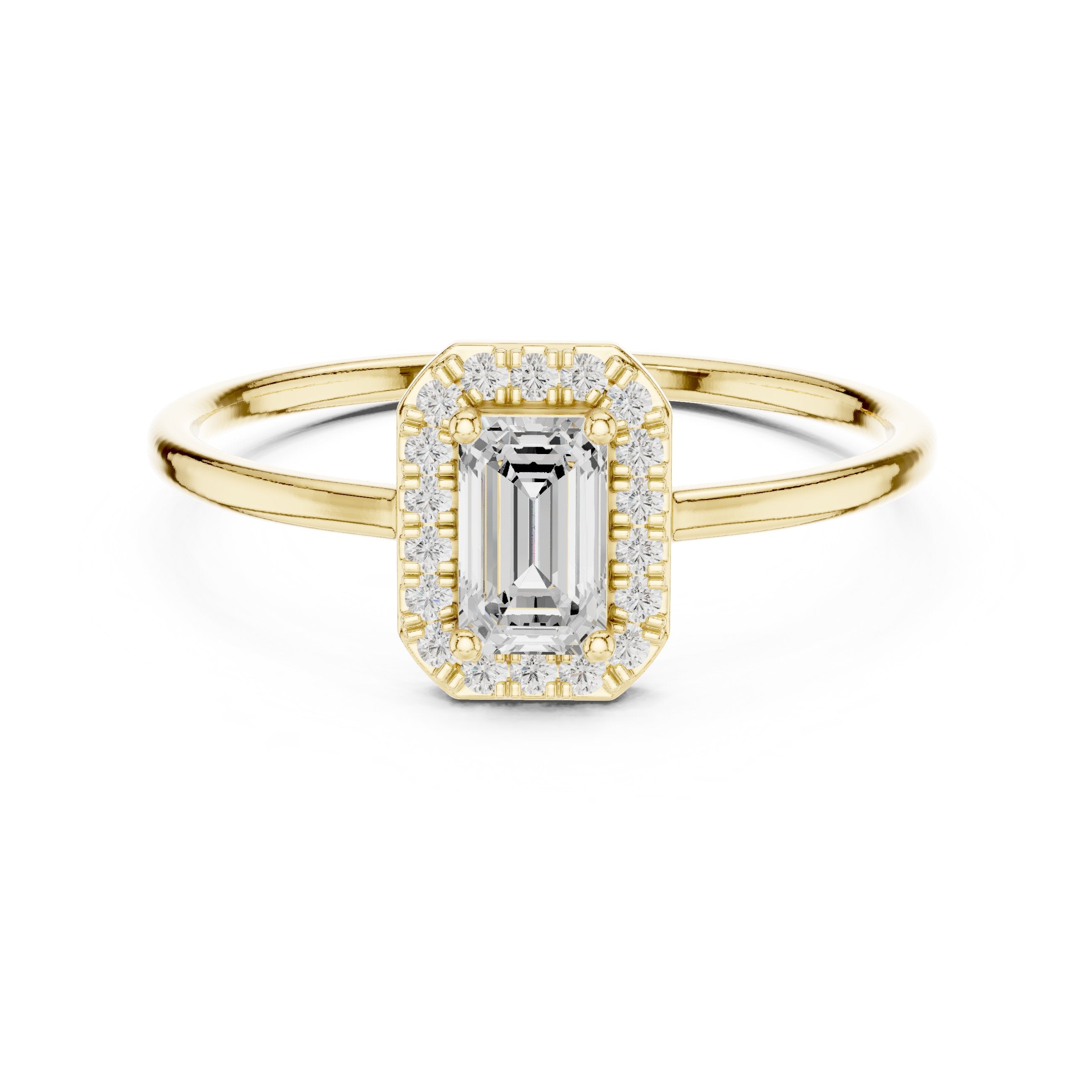 Emerald Cut Diamond Halo Ring in Yellow Gold - VYKA Diamonds