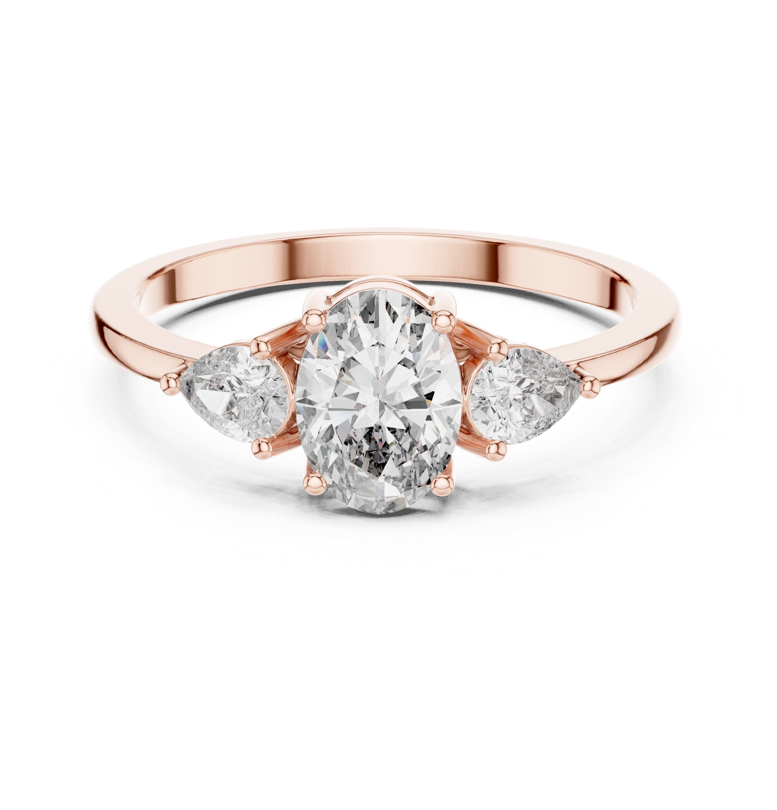 Oval Diamond Three Stone Engagement Ring with Pear Sides in Rose Gold - VYKA Diamonds