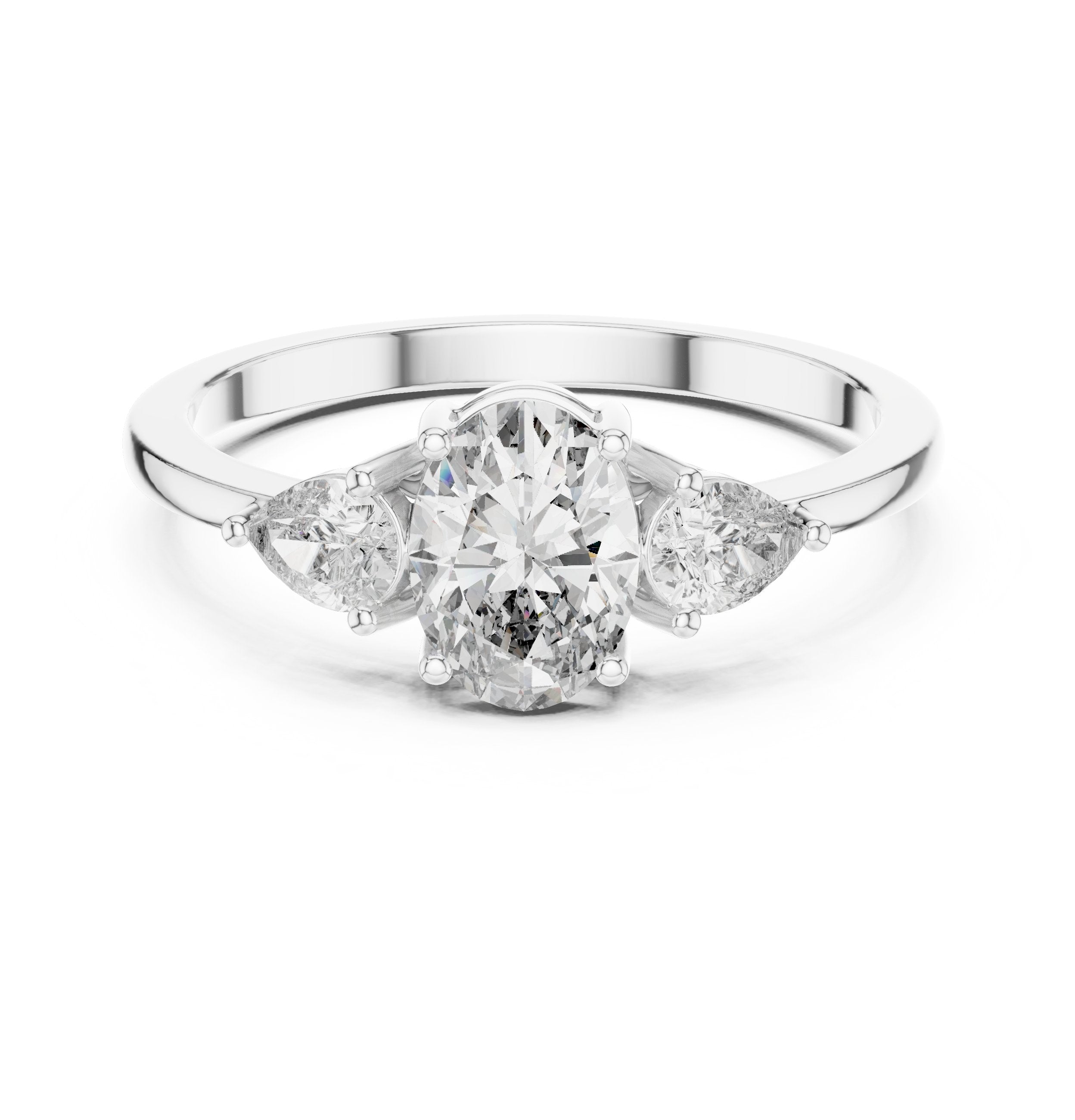 Oval Diamond Three Stone Engagement Ring with Pear Sides in White Gold - VYKA Diamonds