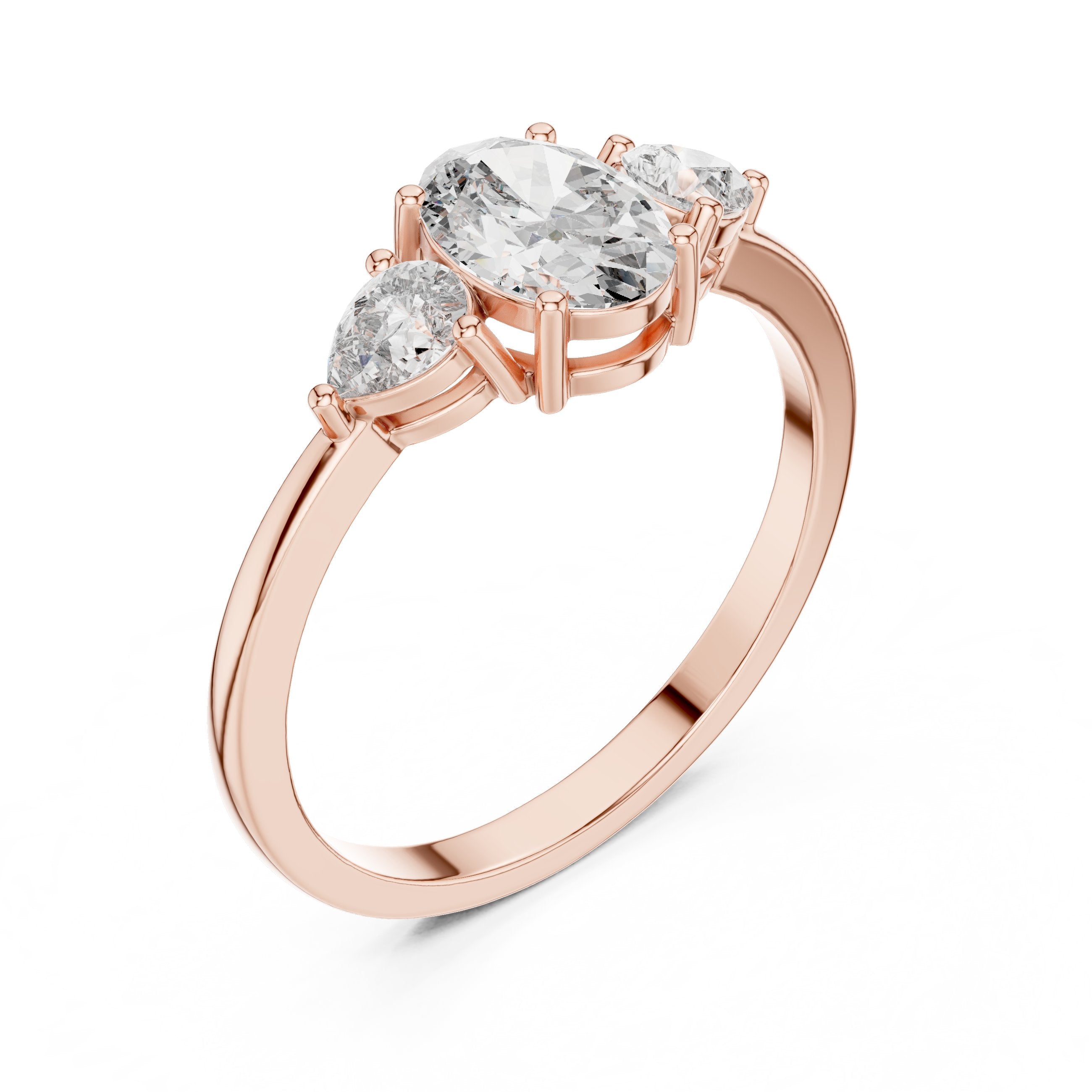 Oval Diamond Three Stone Engagement Ring with Pear Sides in Rose Gold - VYKA Diamonds