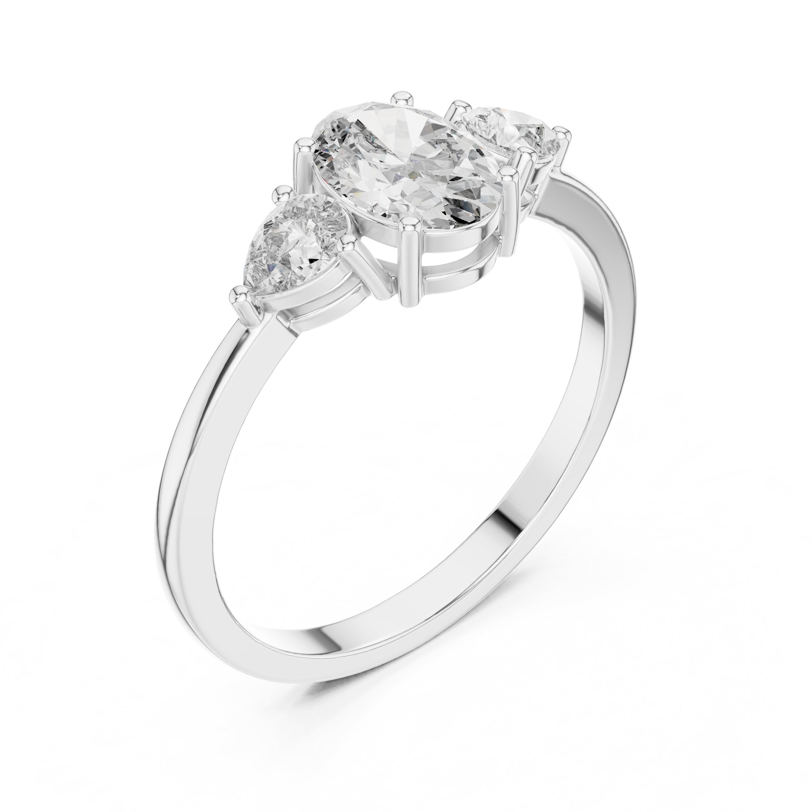 Oval Diamond Three Stone Engagement Ring with Pear Sides in White Gold - VYKA Diamonds