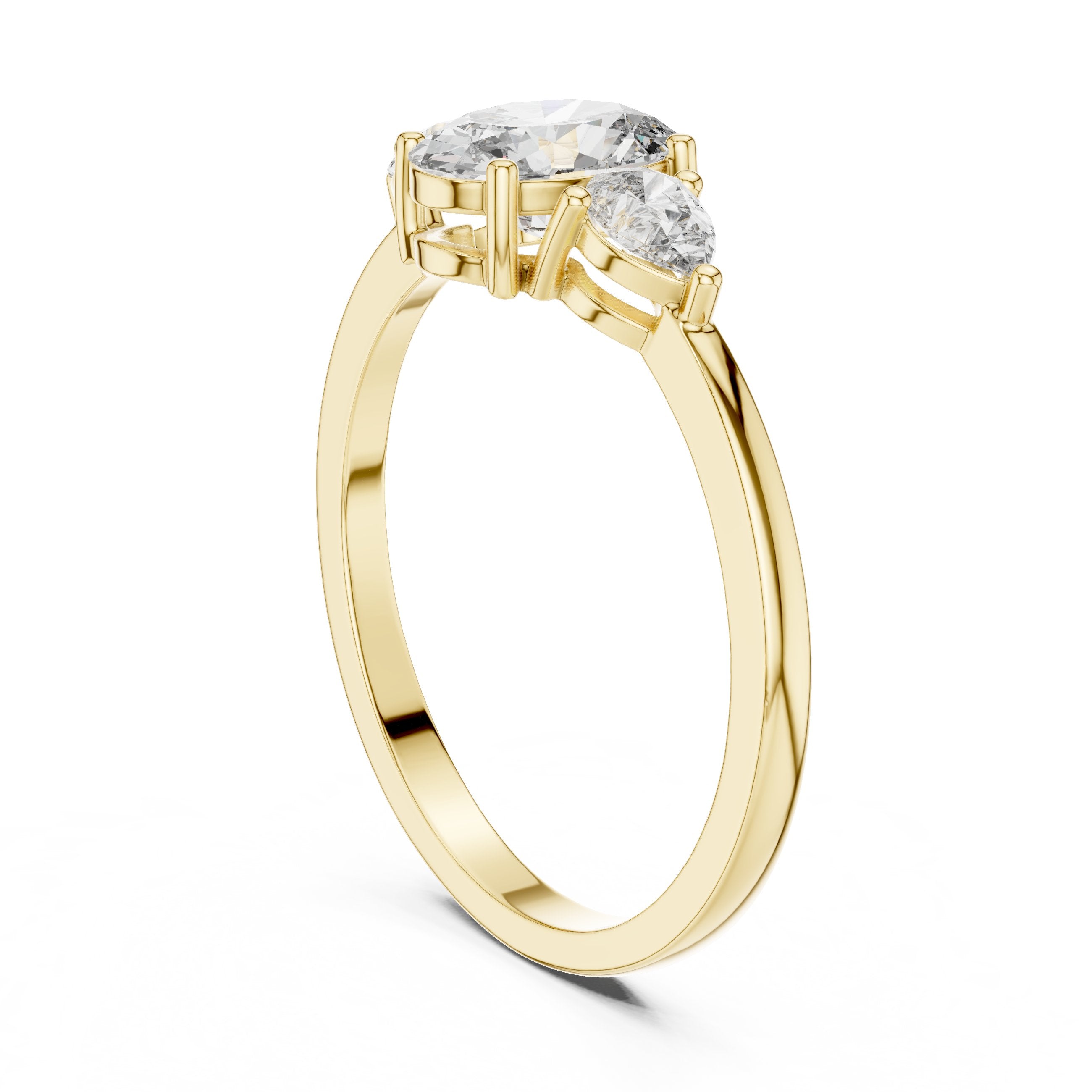 Oval Diamond Three Stone Engagement Ring with Pear Sides in Yellow Gold - VYKA Diamonds