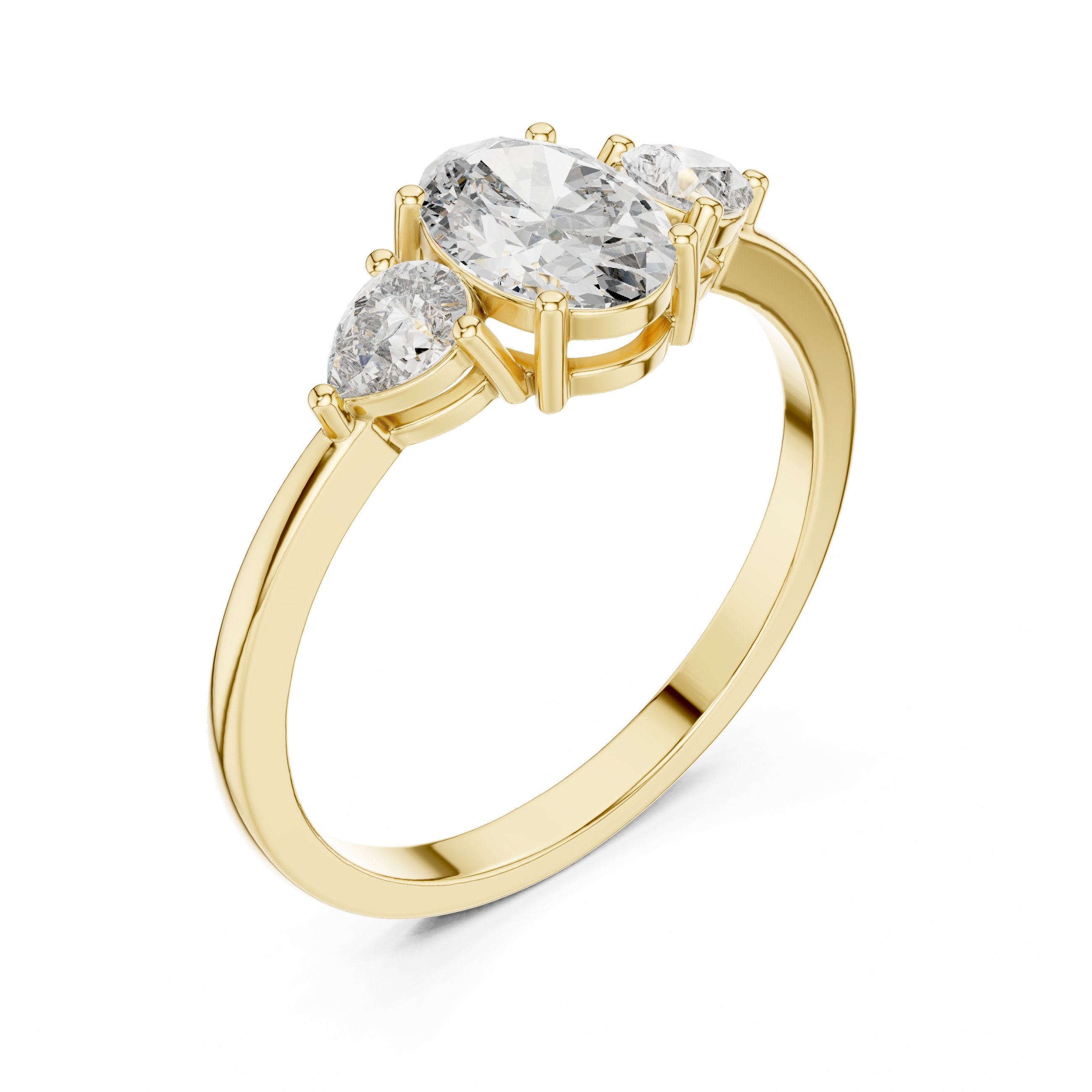 Oval Diamond Three Stone Engagement Ring with Pear Sides in Yellow Gold - VYKA Diamonds