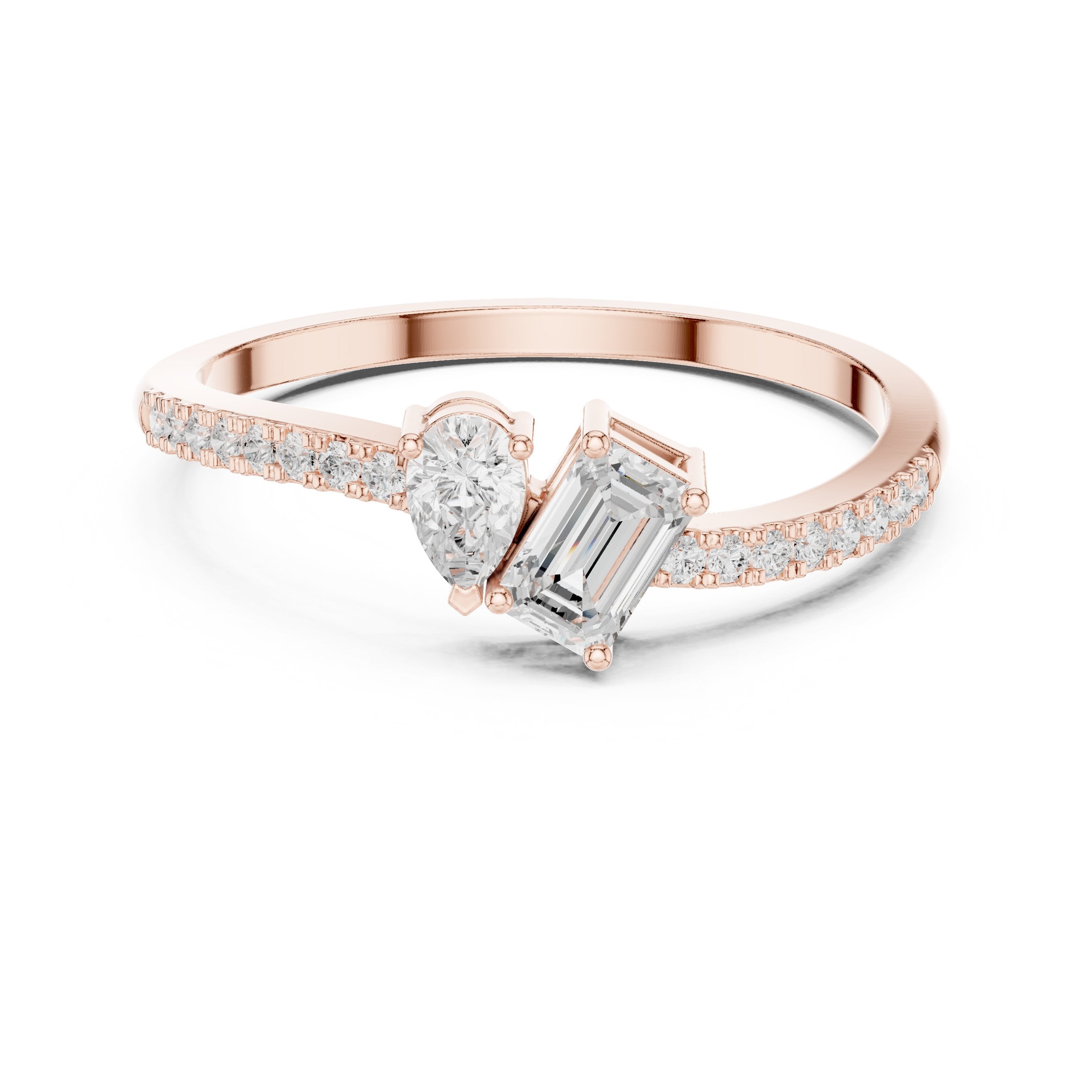 Pear and Emerald Cut Two Stone Ring in Rose Gold - VYKA Diamonds