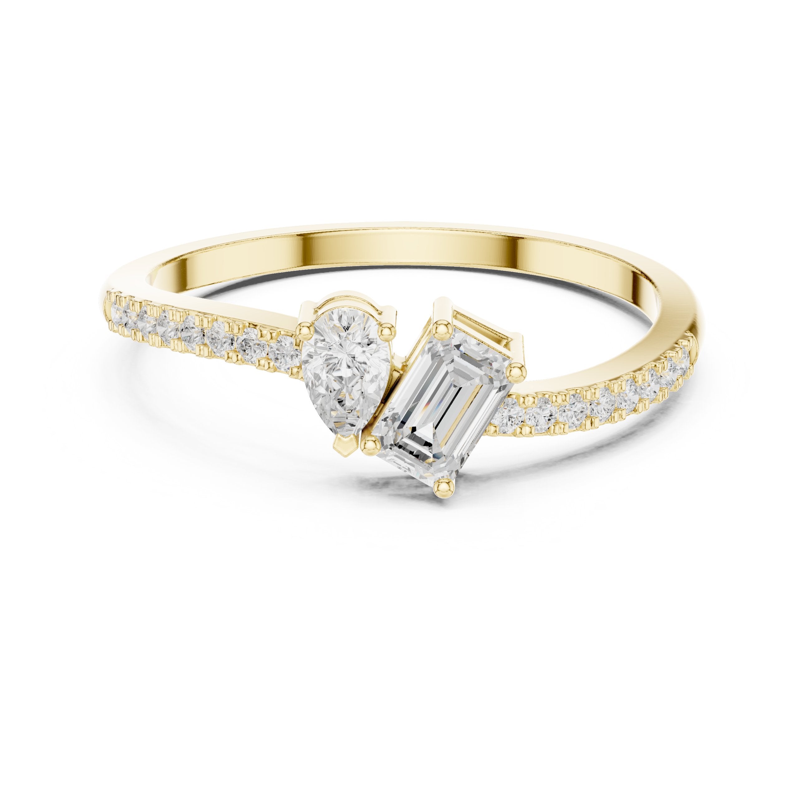 Pear and Emerald Cut Two Stone Ring in Yellow Gold - VYKA Diamonds