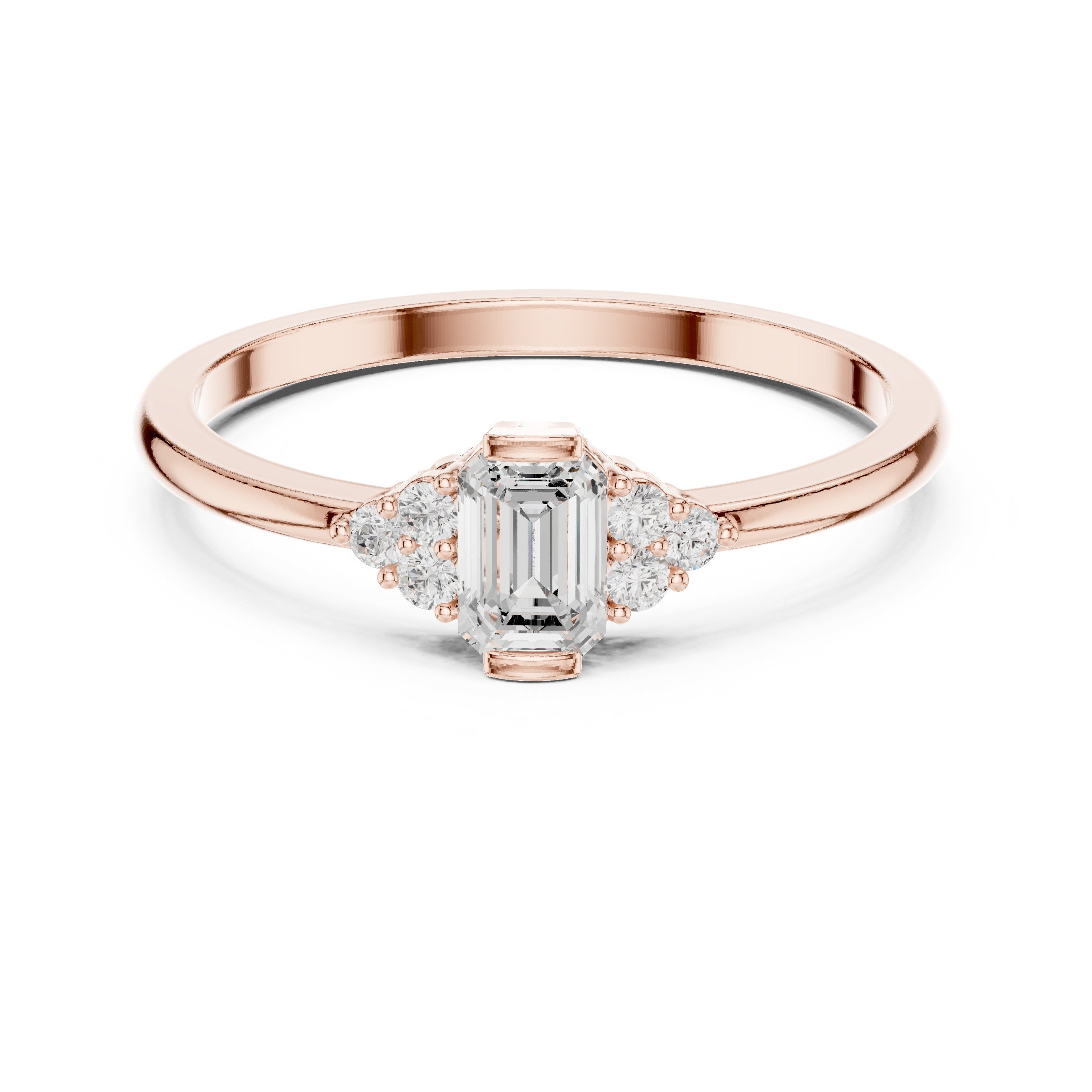 Emerald Cut Diamond Engagement Ring with Round Side Stones in Rose Gold - VYKA Diamonds