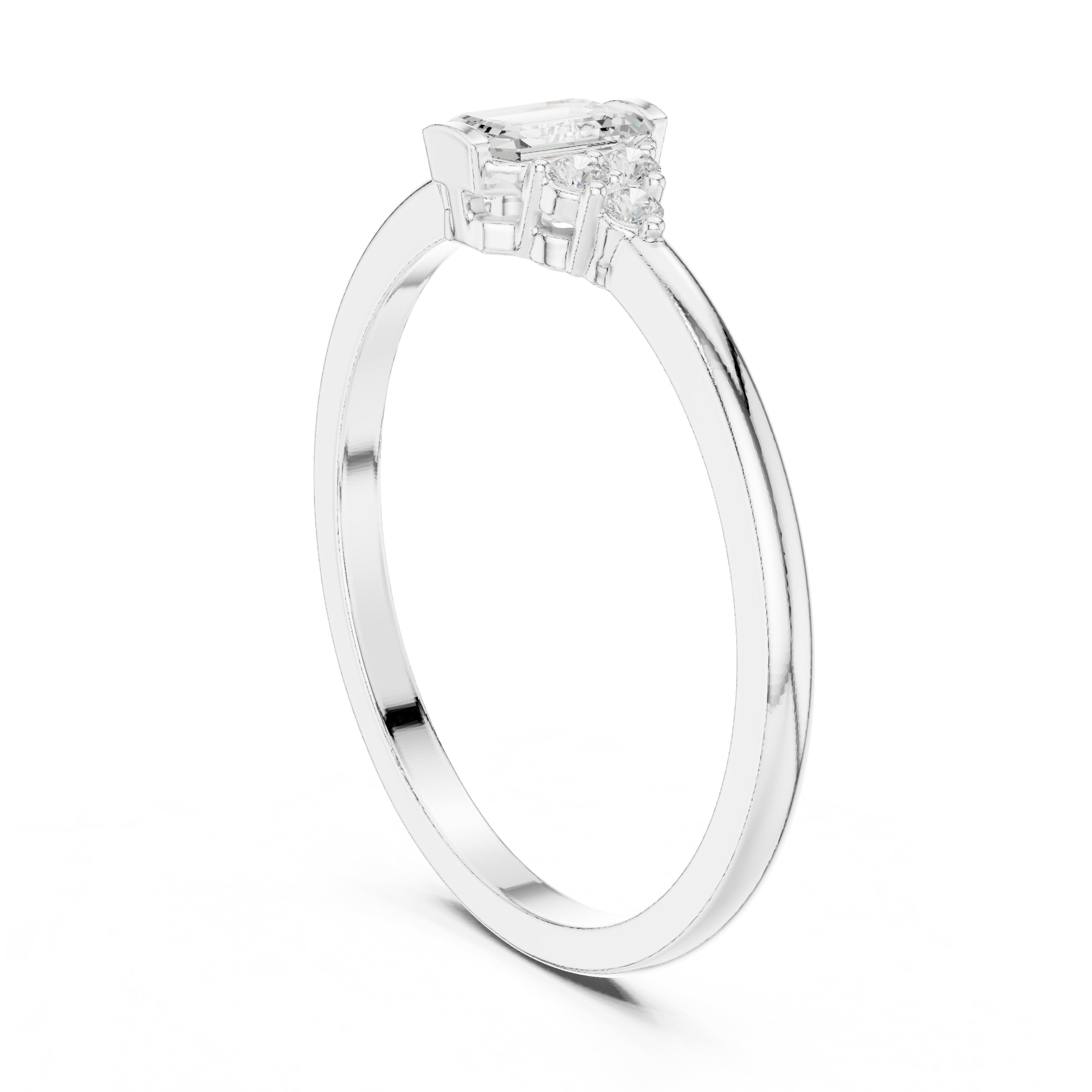 Emerald Cut Diamond Engagement Ring with Round Side Stones in White Gold - VYKA Diamonds