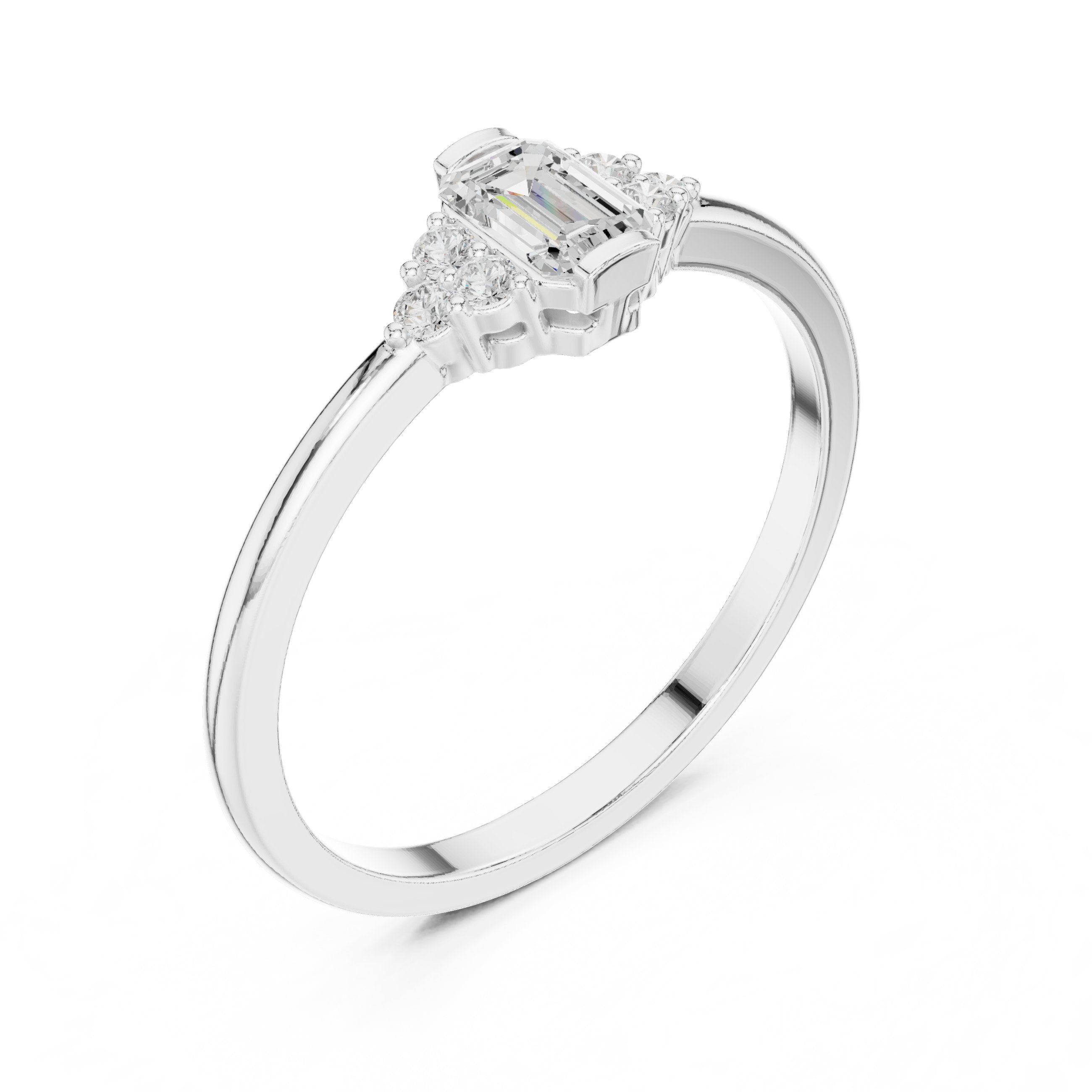 Emerald Cut Diamond Engagement Ring with Round Side Stones in White Gold - VYKA Diamonds