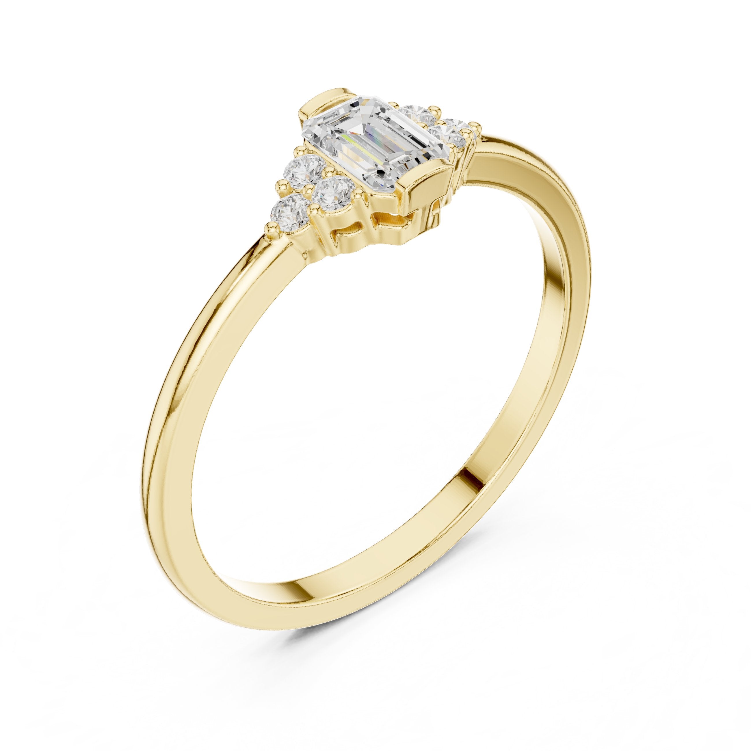 Emerald Cut Diamond Engagement Ring with Round Side Stones in Yellow Gold - VYKA Diamonds