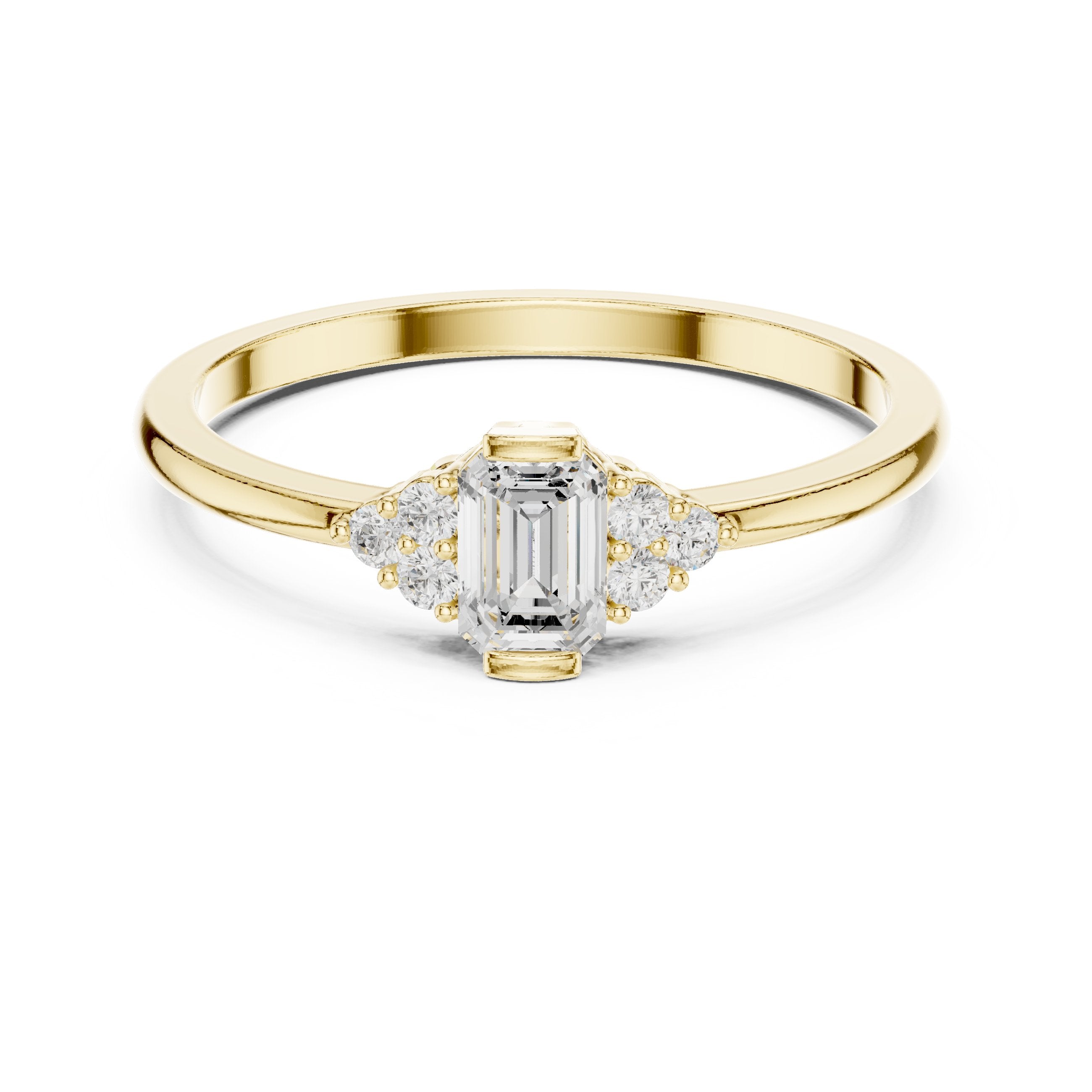 Emerald Cut Diamond Engagement Ring with Round Side Stones in Yellow Gold - VYKA Diamonds