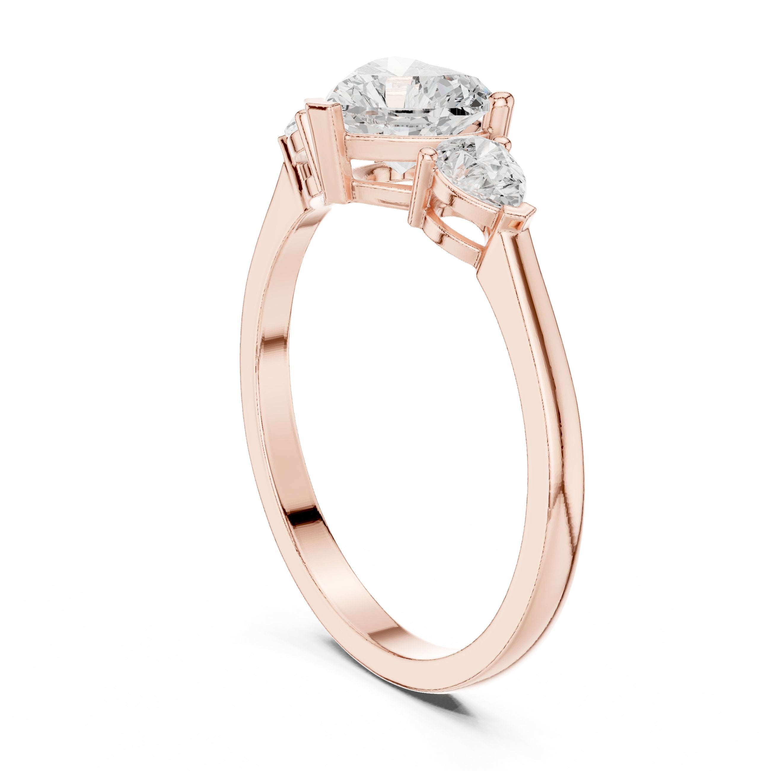 Heart Diamond Three Stone Engagement Ring with Pear Sides in Rose Gold - VYKA Diamonds