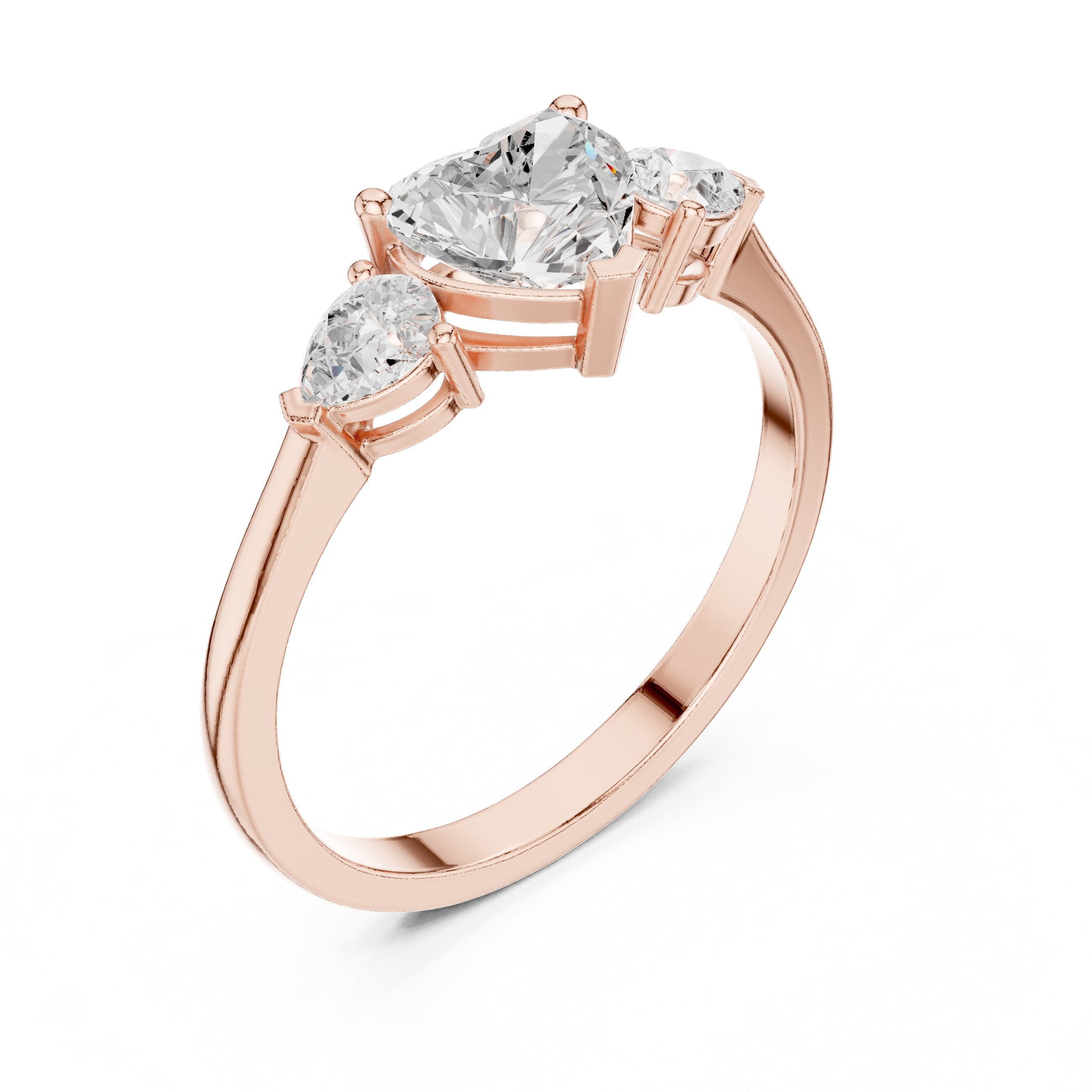 Heart Diamond Three Stone Engagement Ring with Pear Sides in Rose Gold - VYKA Diamonds