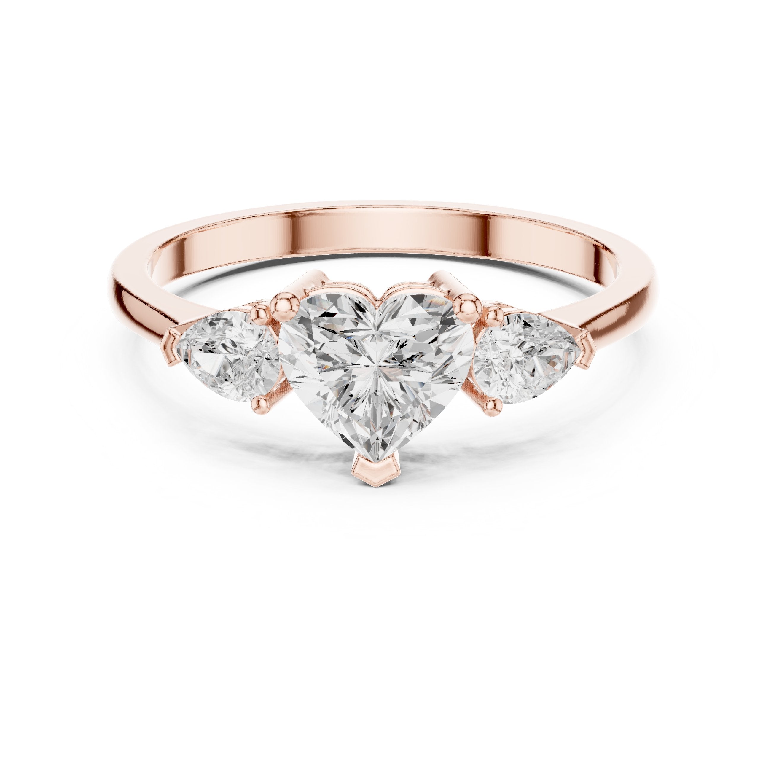 Heart Diamond Three Stone Engagement Ring with Pear Sides in Rose Gold - VYKA Diamonds