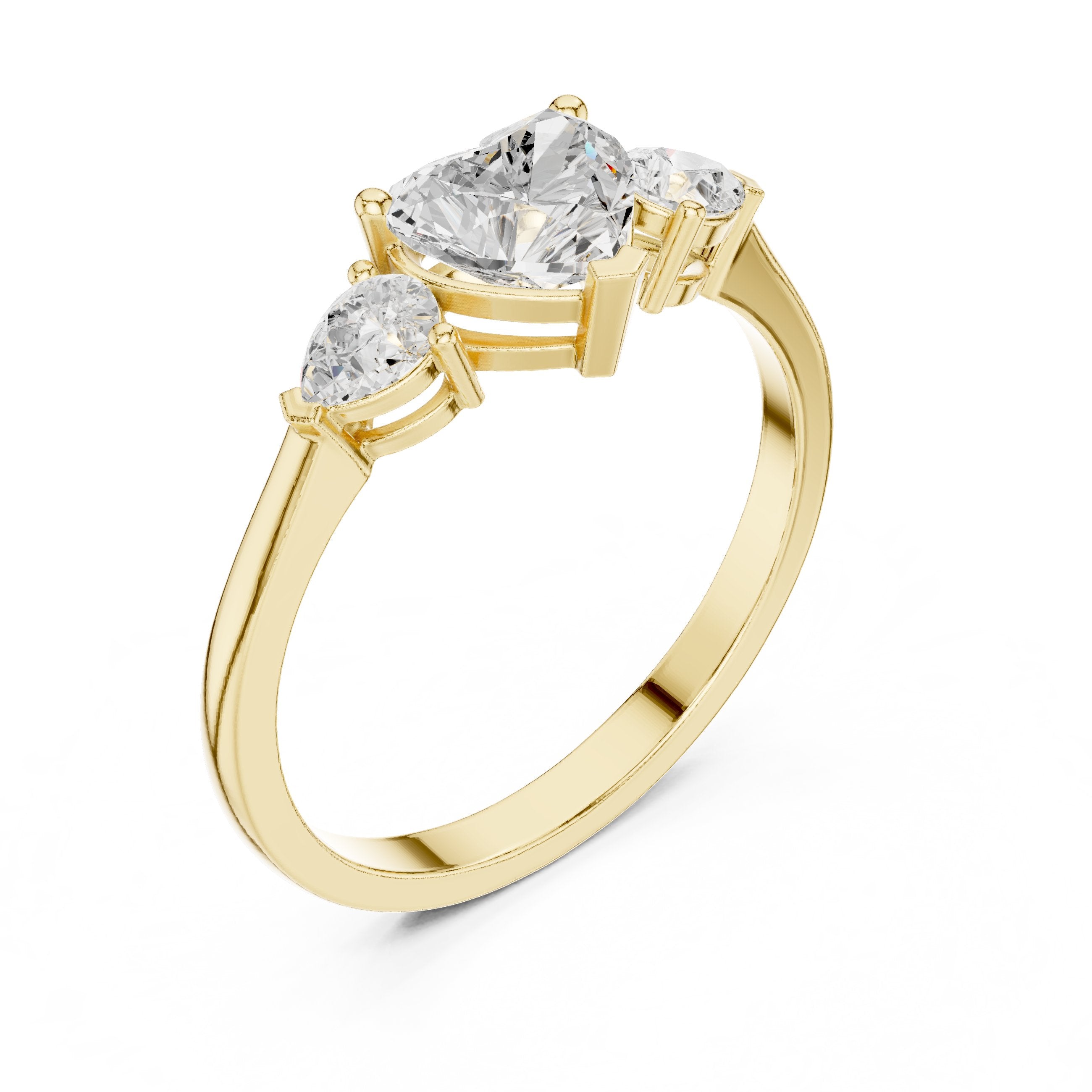 Heart Diamond Three Stone Engagement Ring with Pear Sides in Yellow Gold - VYKA Diamonds