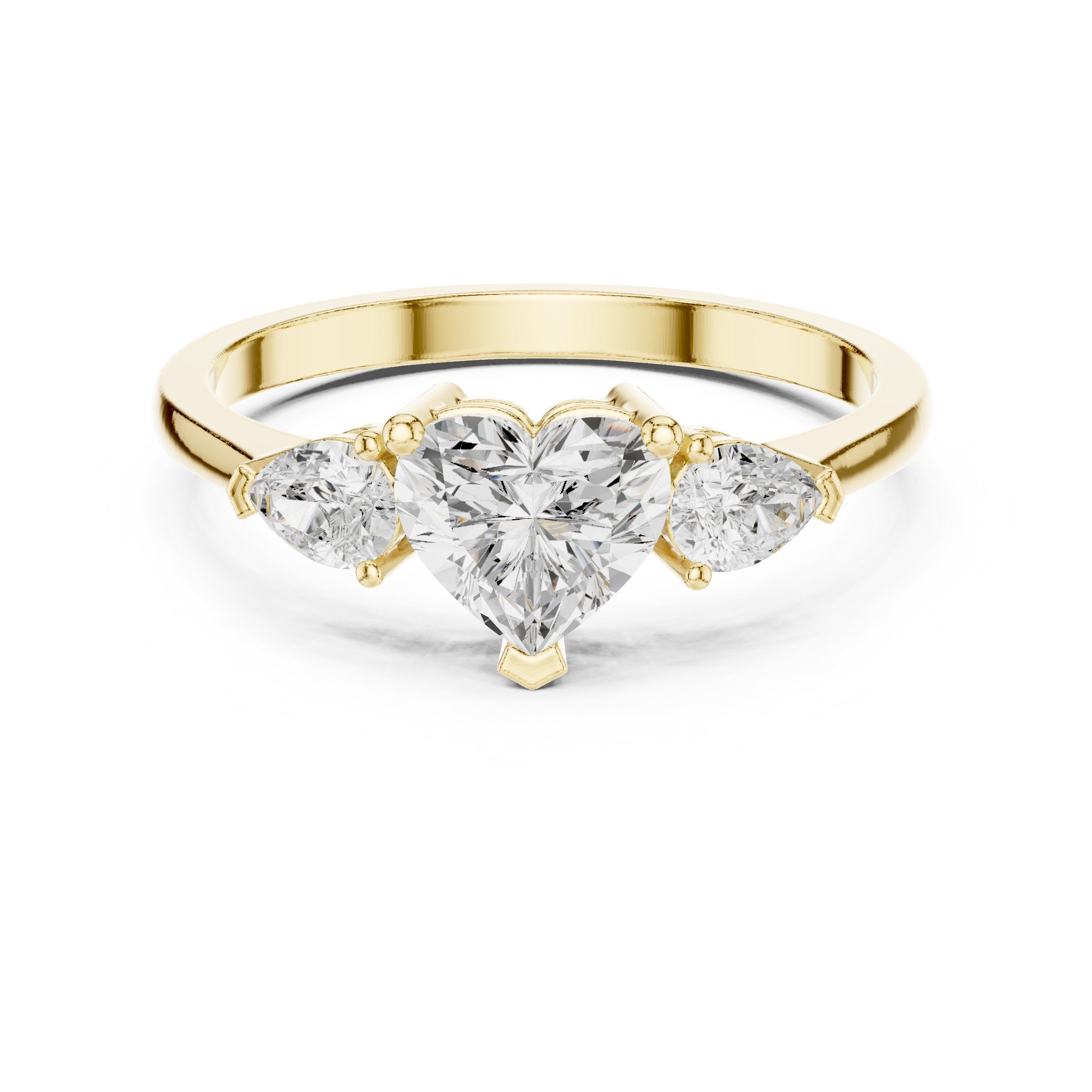 Heart Diamond Three Stone Engagement Ring with Pear Sides in Yellow Gold - VYKA Diamonds