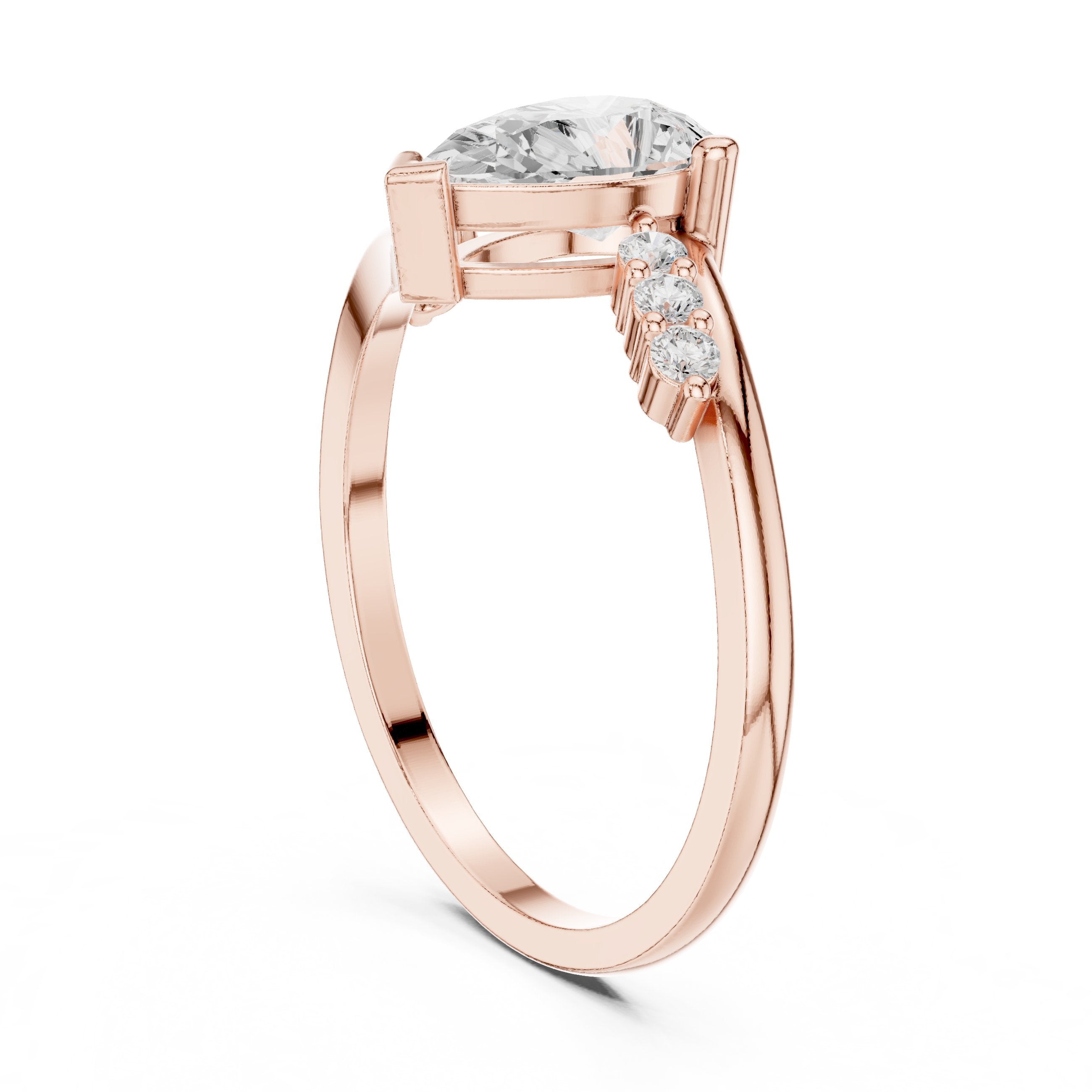 Pear Diamond Halo Engagement Ring with Round Side Accents in Rose Gold - VYKA Diamonds