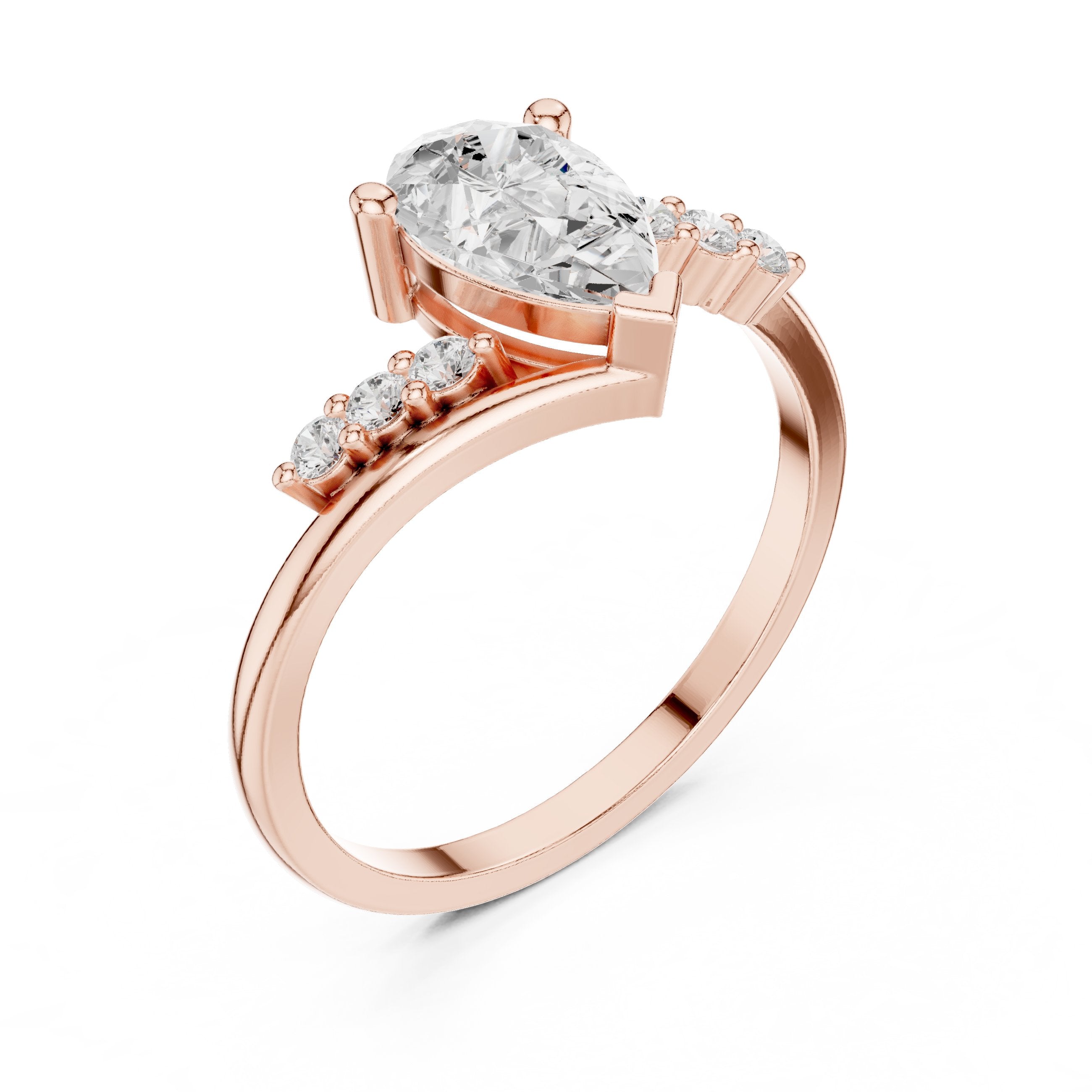 Pear Diamond Halo Engagement Ring with Round Side Accents in Rose Gold - VYKA Diamonds