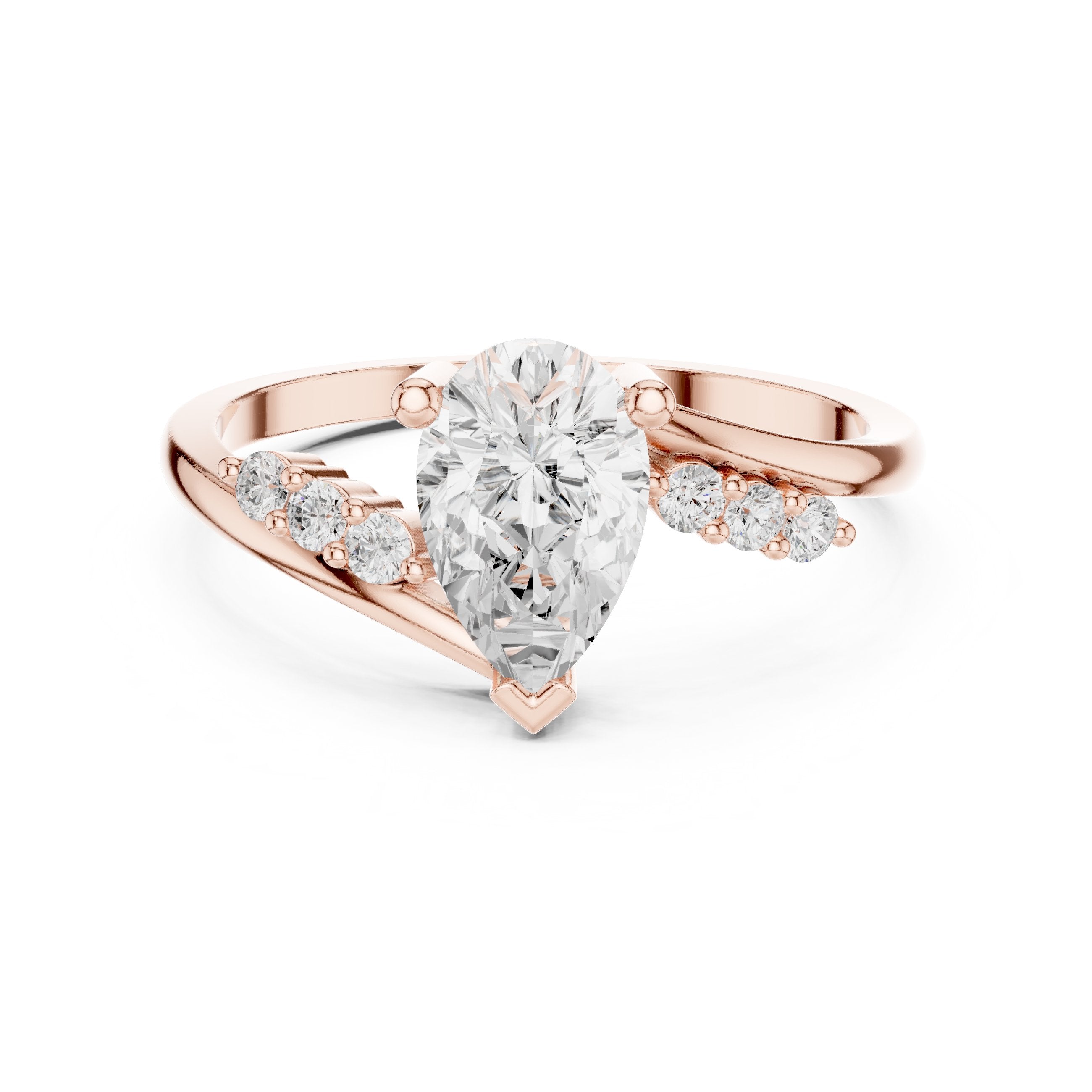 Pear Diamond Halo Engagement Ring with Round Side Accents in Rose Gold - VYKA Diamonds
