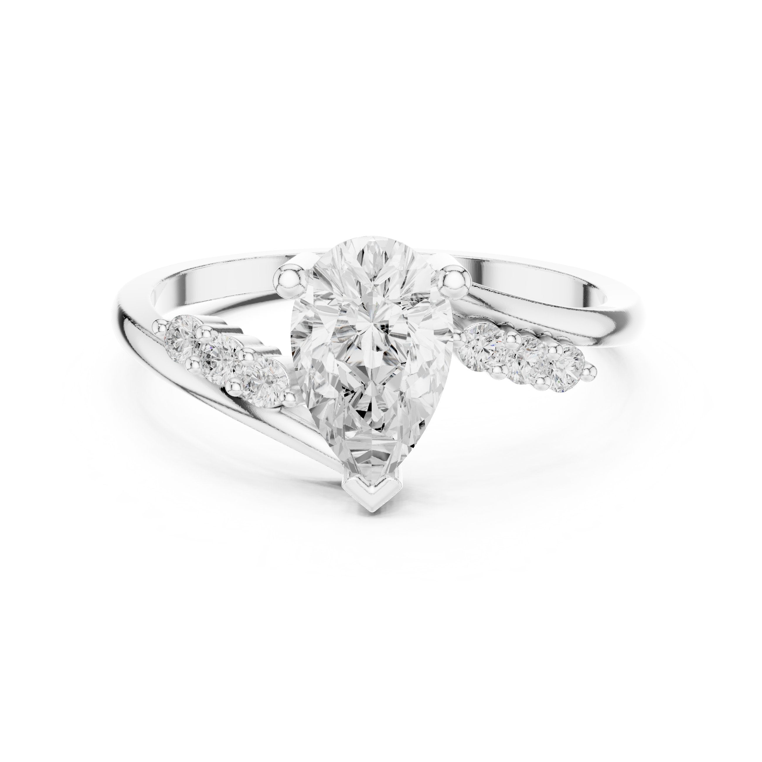 Pear Diamond Halo Engagement Ring with Round Side Accents in White Gold - VYKA Diamonds