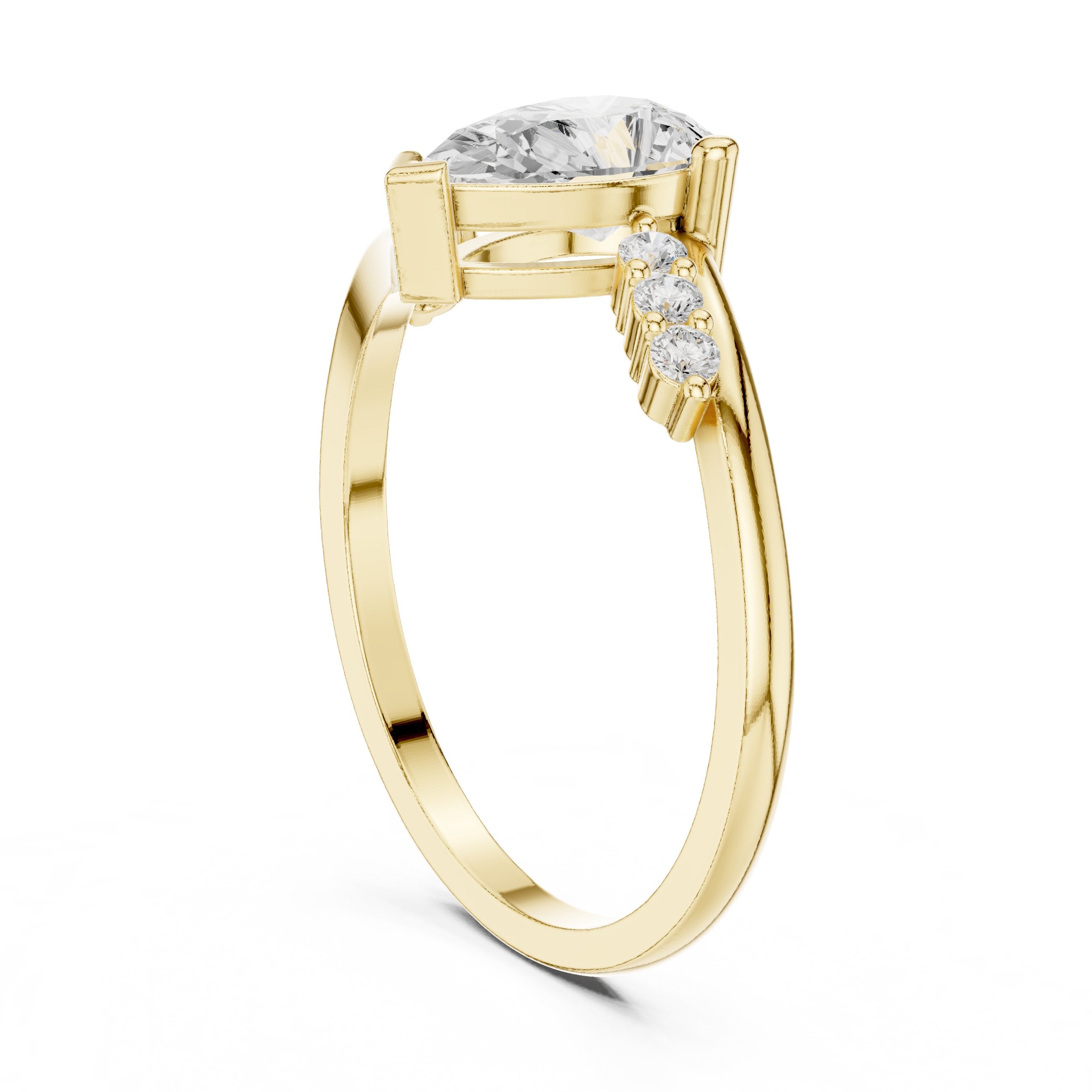 Pear Diamond Halo Engagement Ring with Round Side Accents in Yellow Gold - VYKA Diamonds