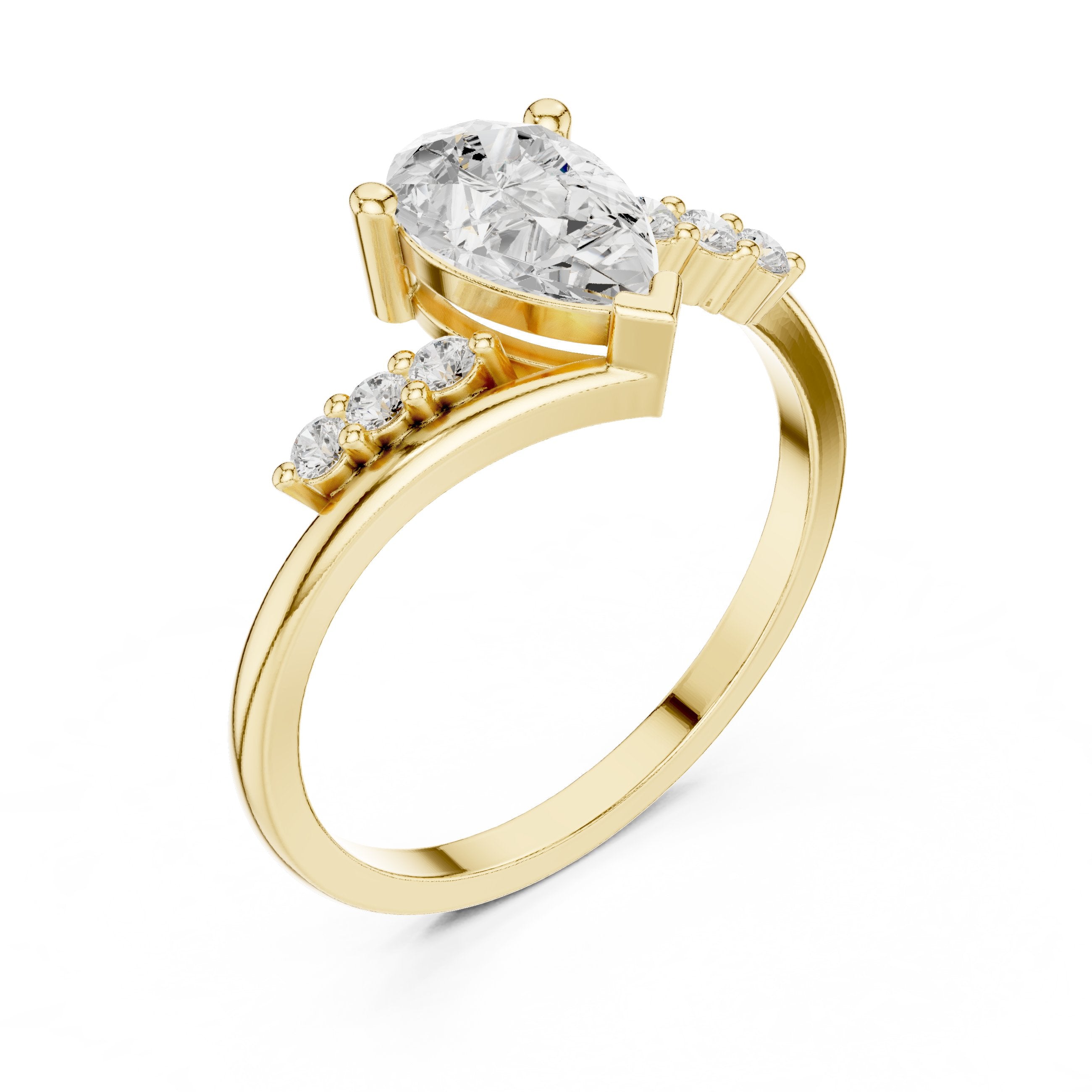 Pear Diamond Halo Engagement Ring with Round Side Accents in Yellow Gold - VYKA Diamonds