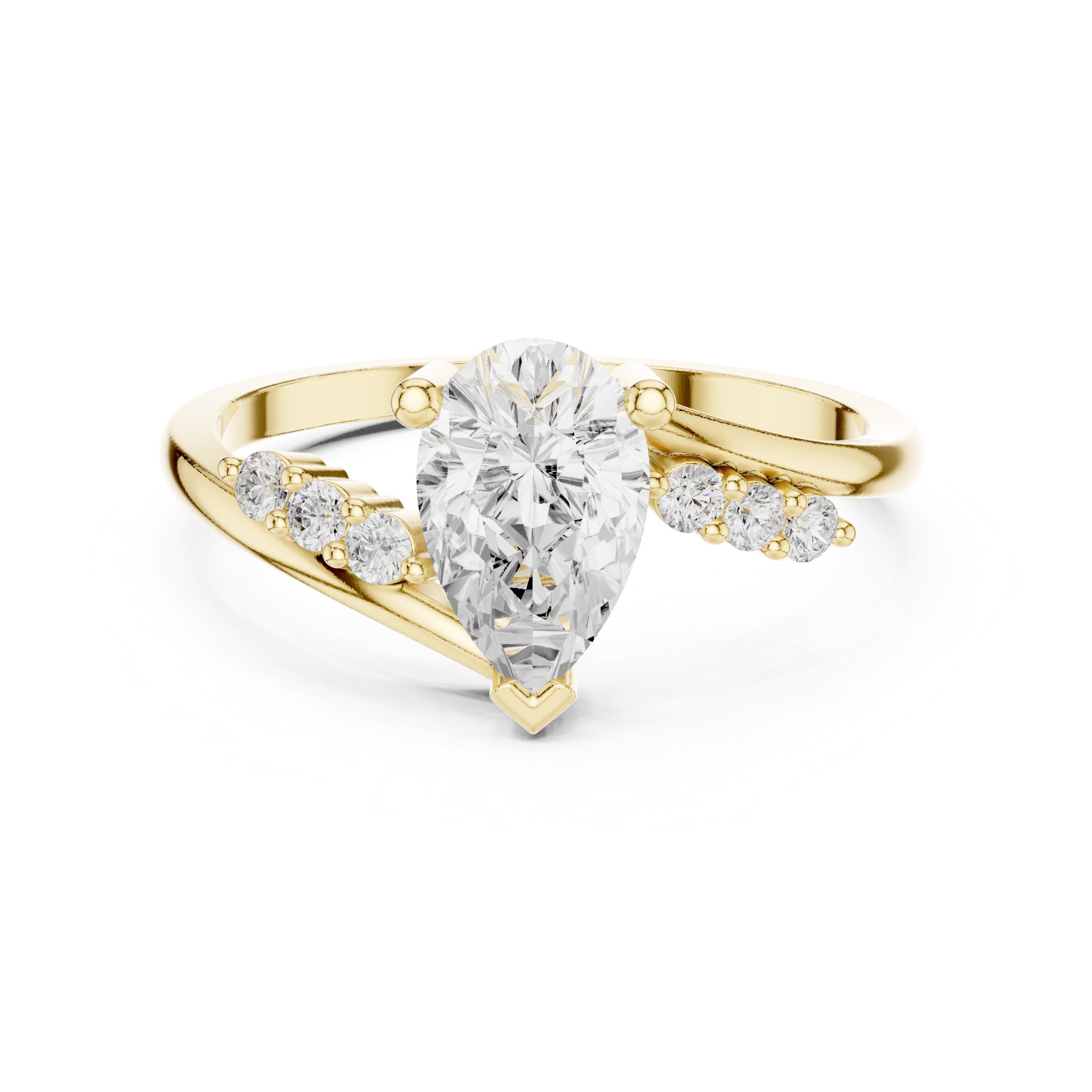Pear Diamond Halo Engagement Ring with Round Side Accents in Yellow Gold - VYKA Diamonds