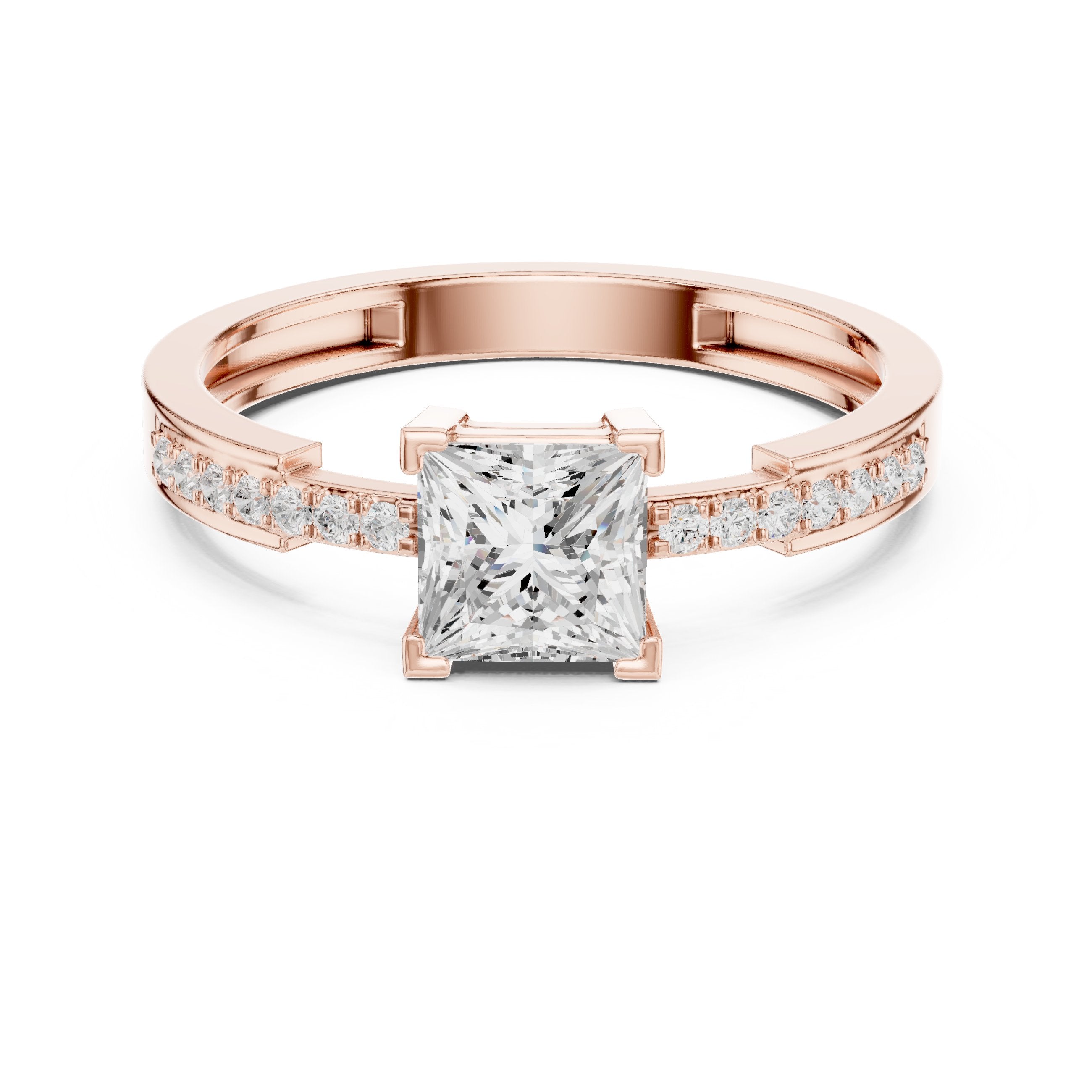 Kite Princess Cut Engagement Ring with Channel Set Band in Rose Gold - VYKA Diamonds